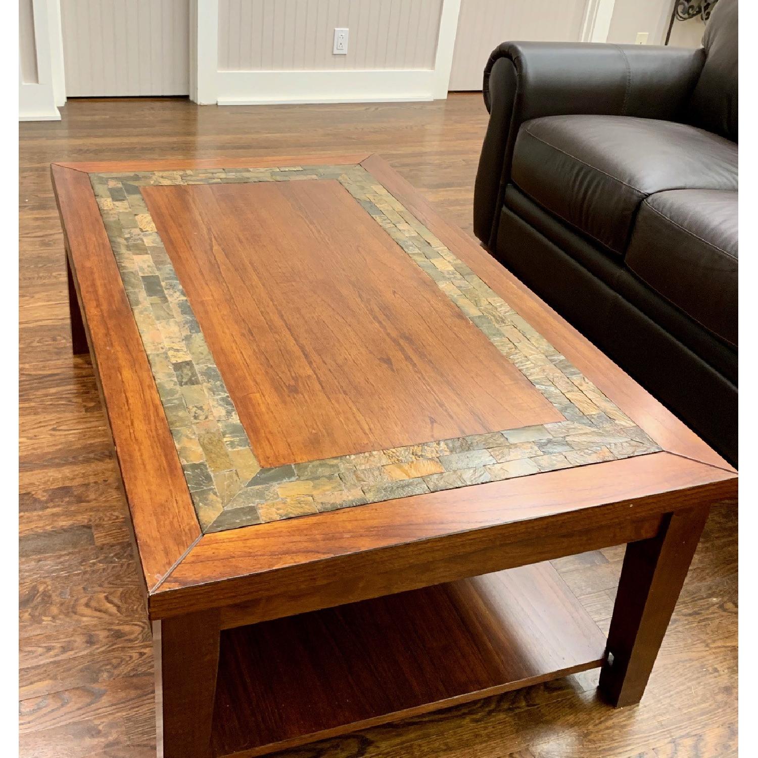 Craftsman Home Oak Coffee Table w/ SlateTile Inlay Border AptDeco