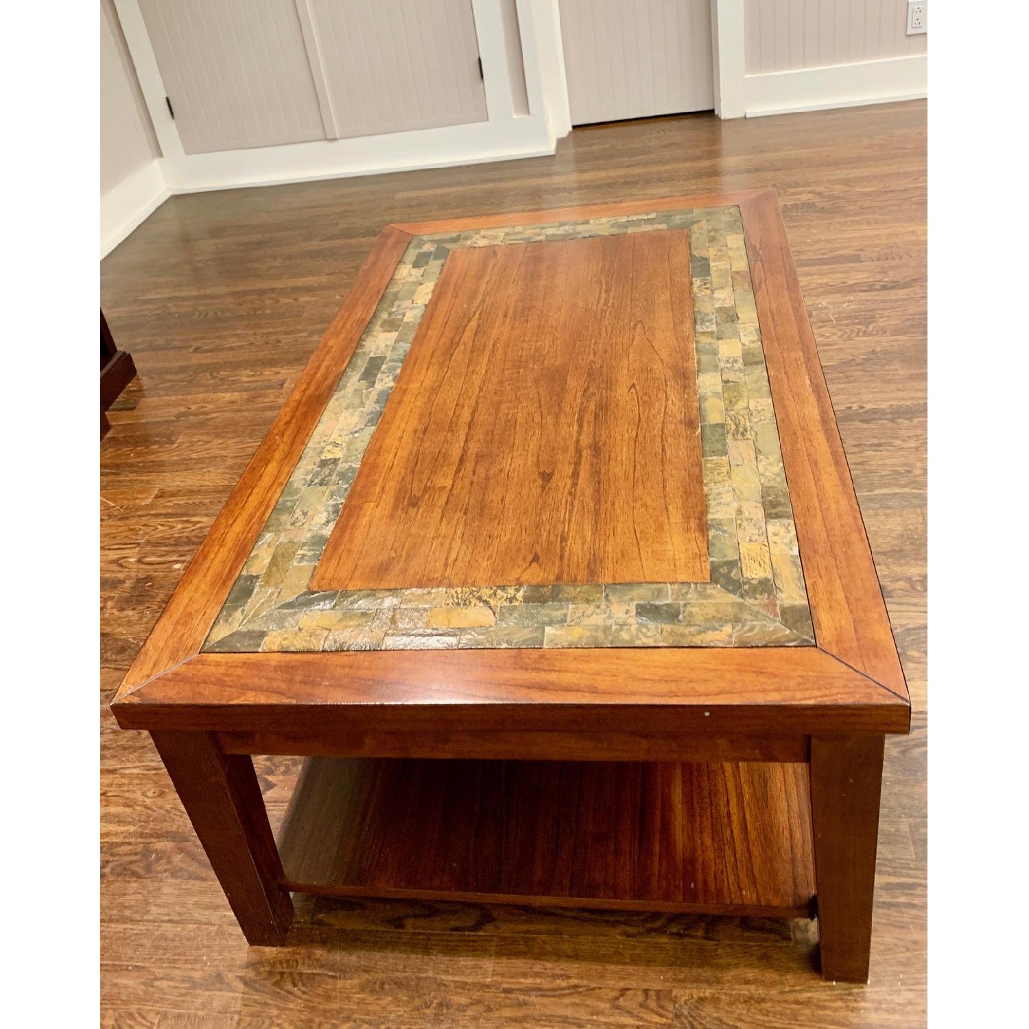 Craftsman Home Oak Coffee Table w/ Slate-Tile Inlay Border - image-2