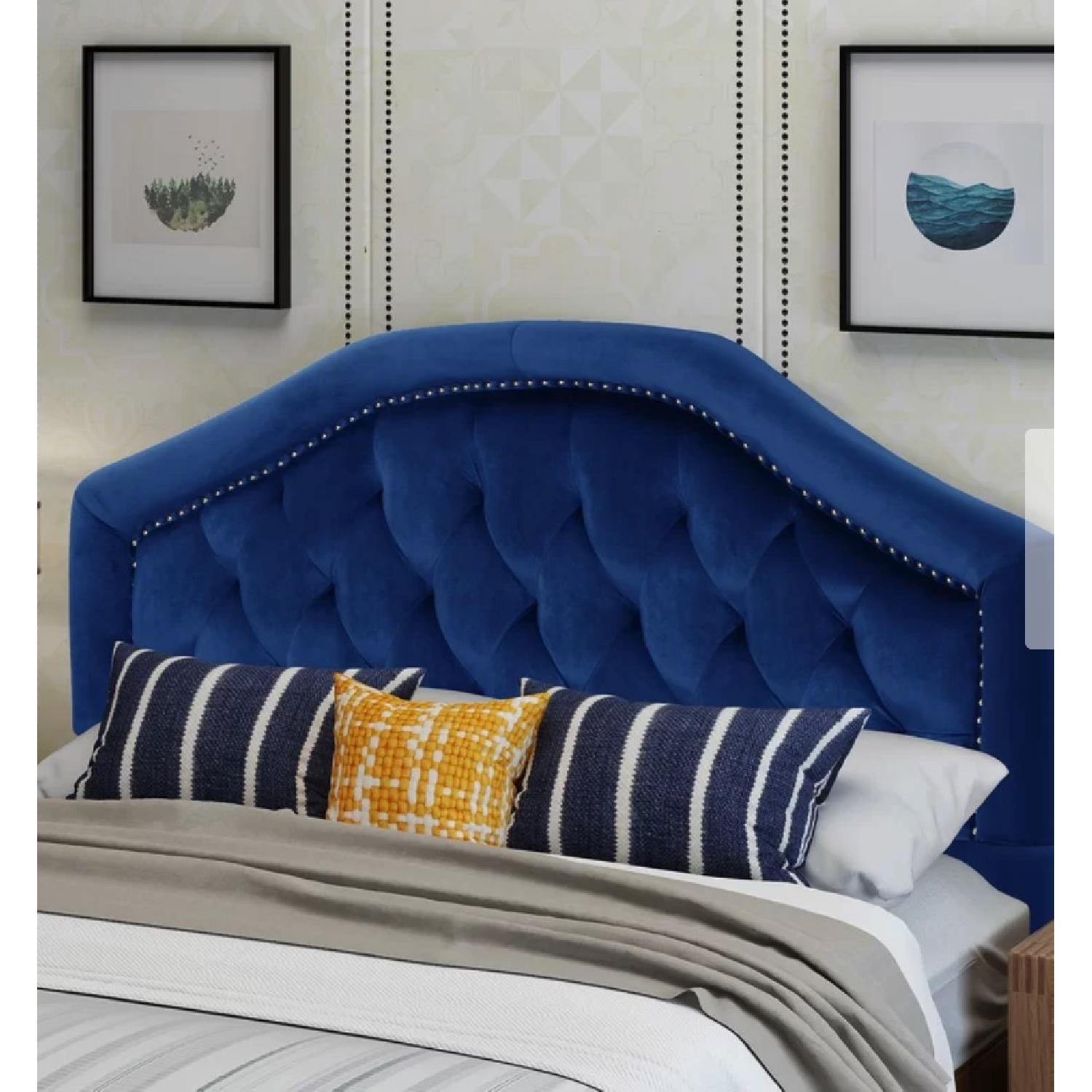 Grovelane Navy Blue Velvet Upholstered Panel Queen Headboard - image-1