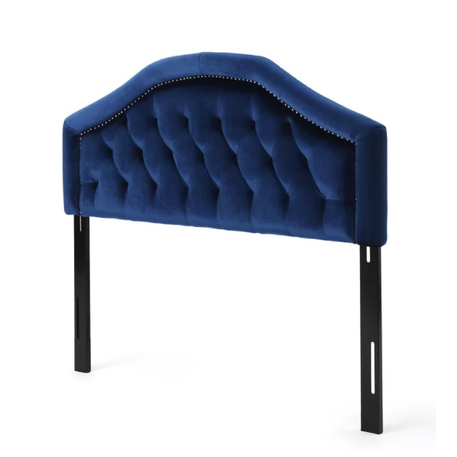 Grovelane Navy Blue Velvet Upholstered Panel Queen Headboard - image-2