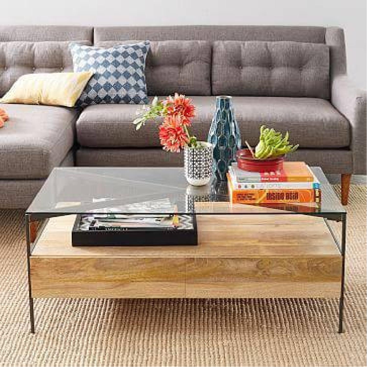West Elm Organic Industrial Glass-Topped Rustic Storage Coffee Table - image-3