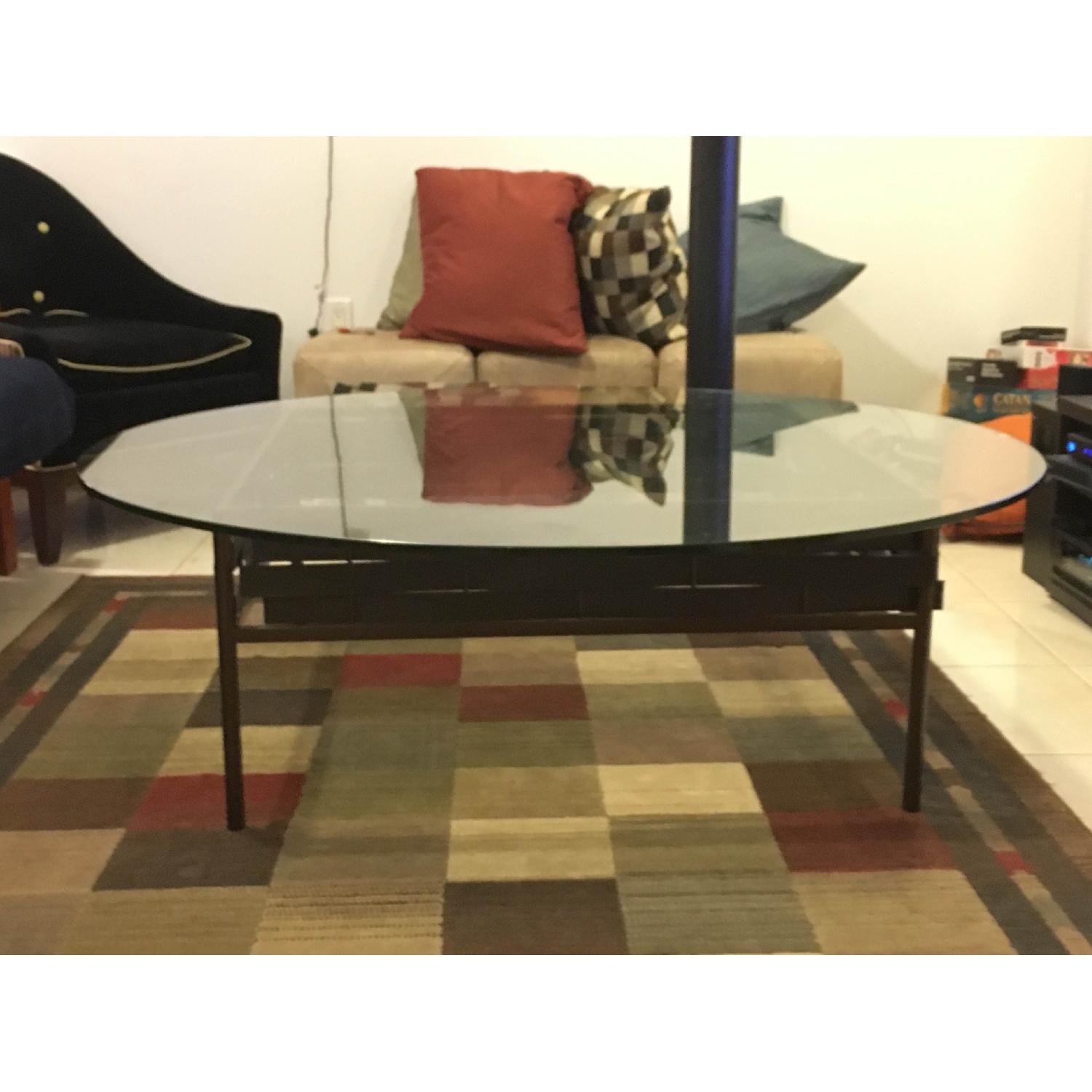 Heavy Glass Coffee Table w/ Wicker Base AptDeco