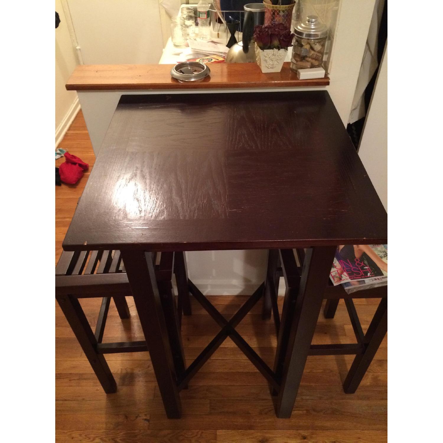 Dark Brown Wood High Table w/ 2 Stools - image-2