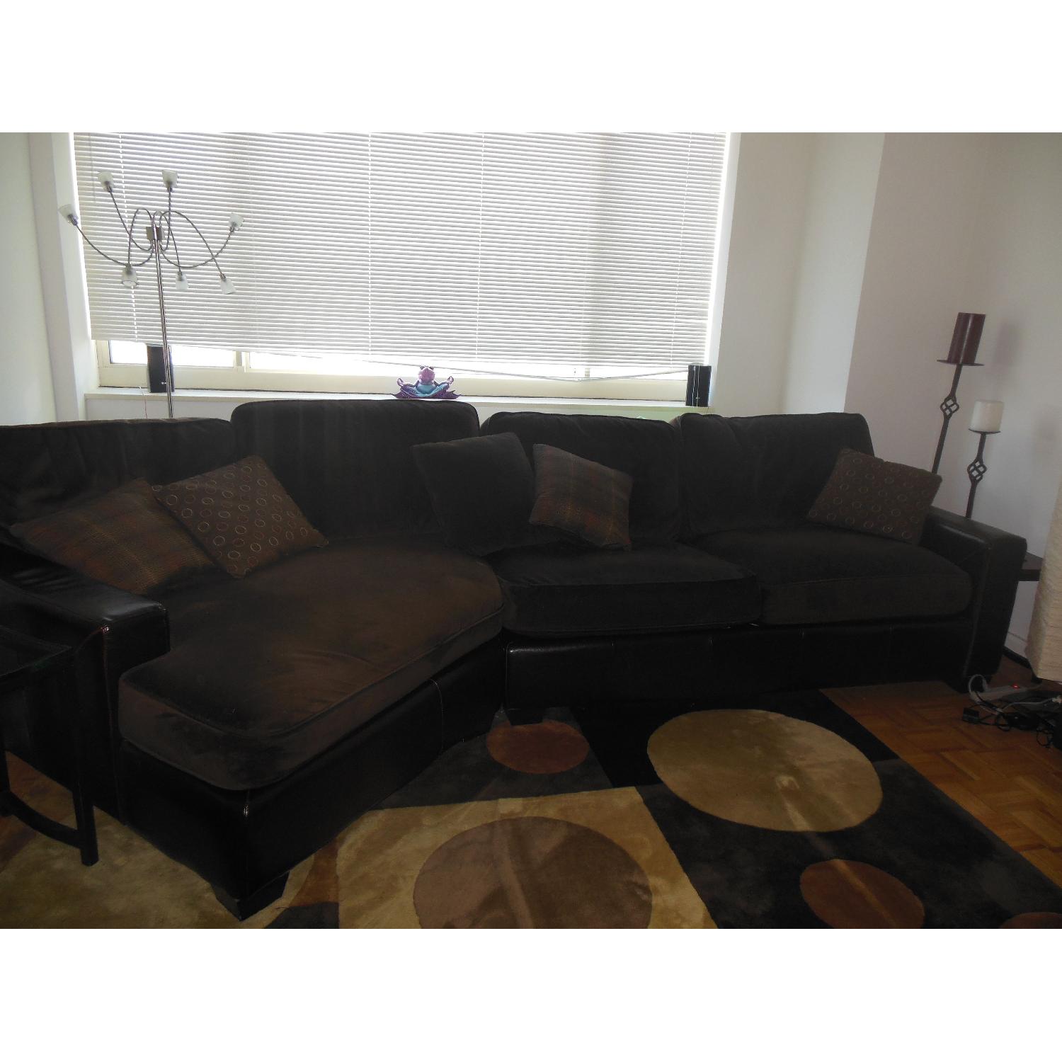 Raymour & Flanigan Chocolate Brown Microfiber & Leather Sectional - image-1