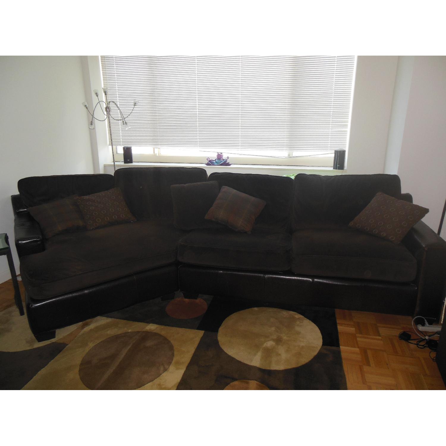 Raymour & Flanigan Chocolate Brown Microfiber & Leather Sectional - image-2