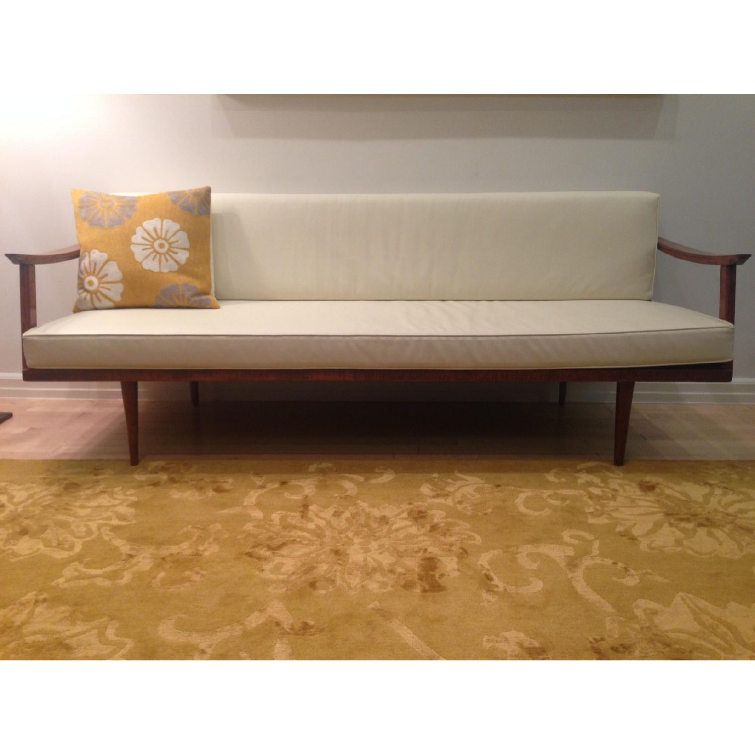 Midcentury Off White Sofa Bench w/ Super Soft Pleather Cushions AptDeco