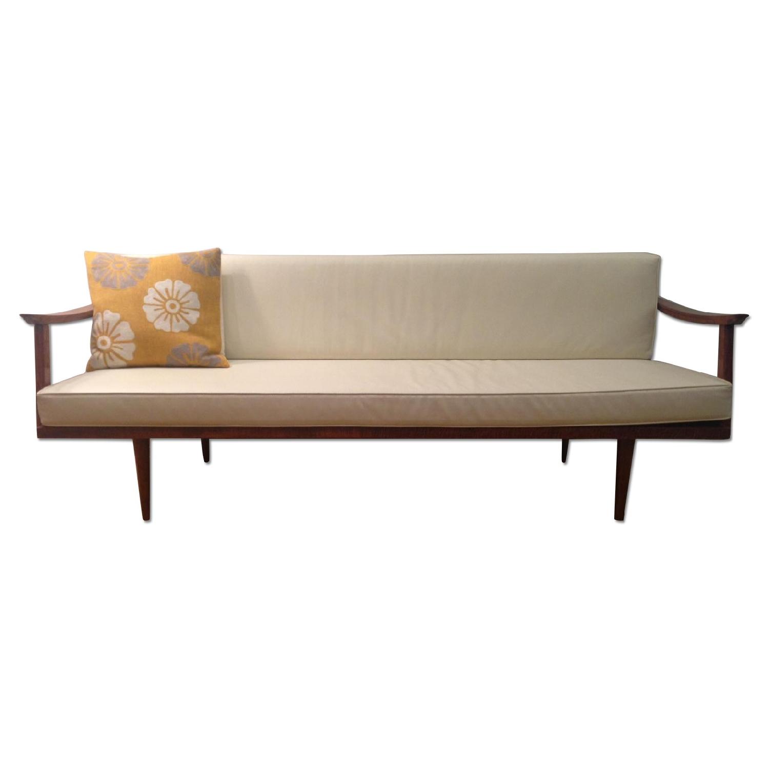 Midcentury Off White Sofa Bench w/ Super Soft Pleather Cushions AptDeco