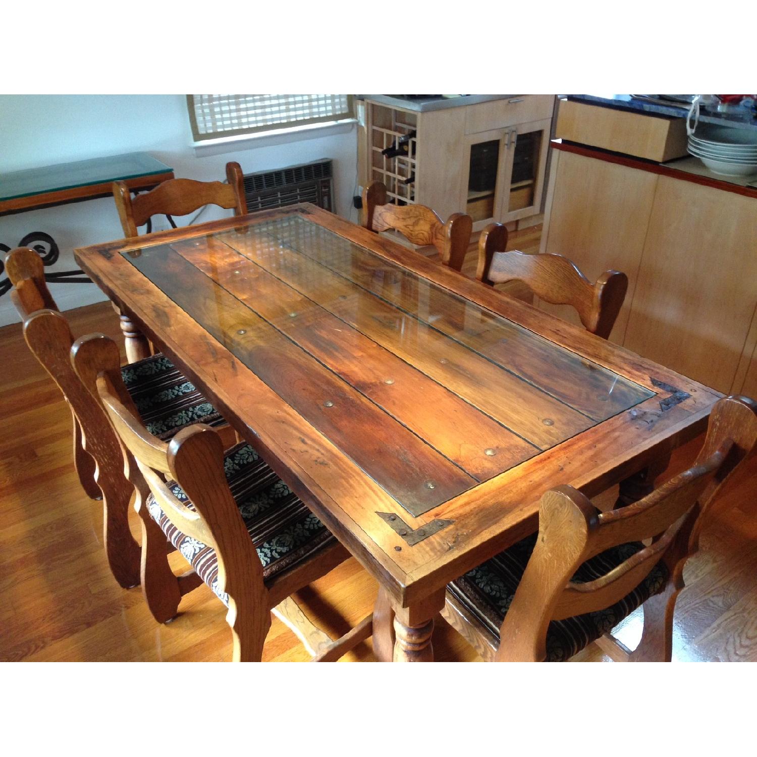 Rustic Barndoor Style Solid Wood Table with Glass Top w/ 6 Chairs - image-1