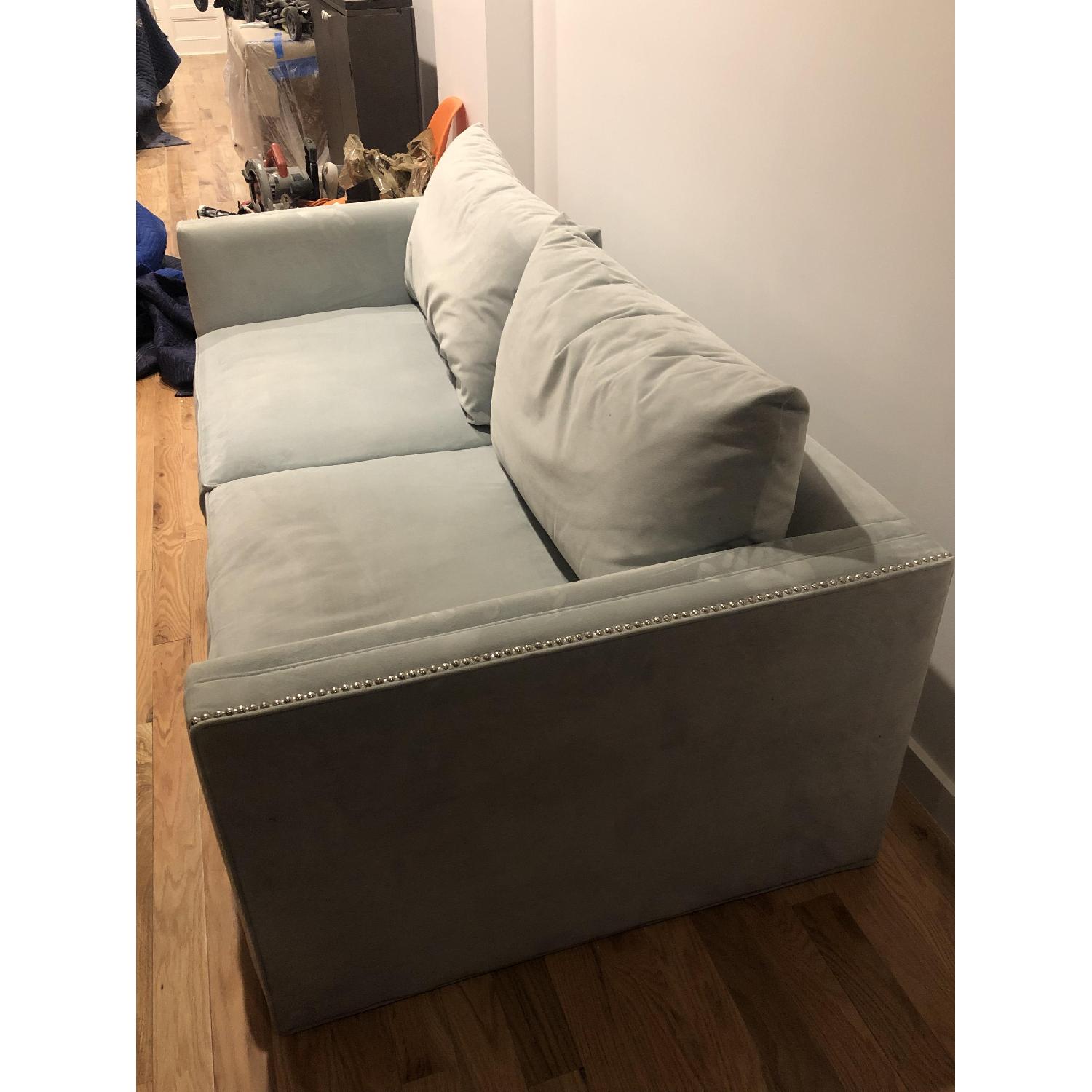 Macy's Velvet Pale Blue Sofa w/ Rivets - image-1