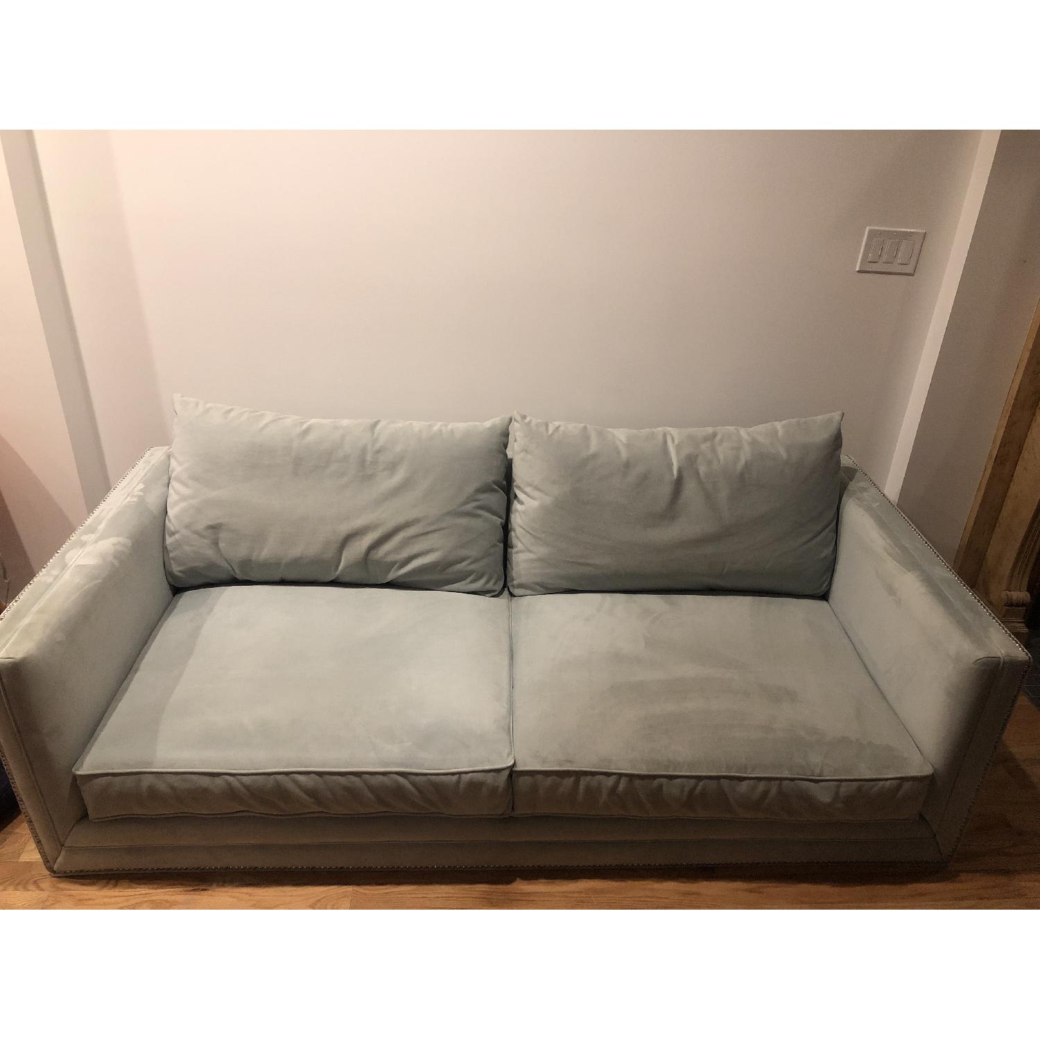 Macy's Velvet Pale Blue Sofa w/ Rivets - image-3