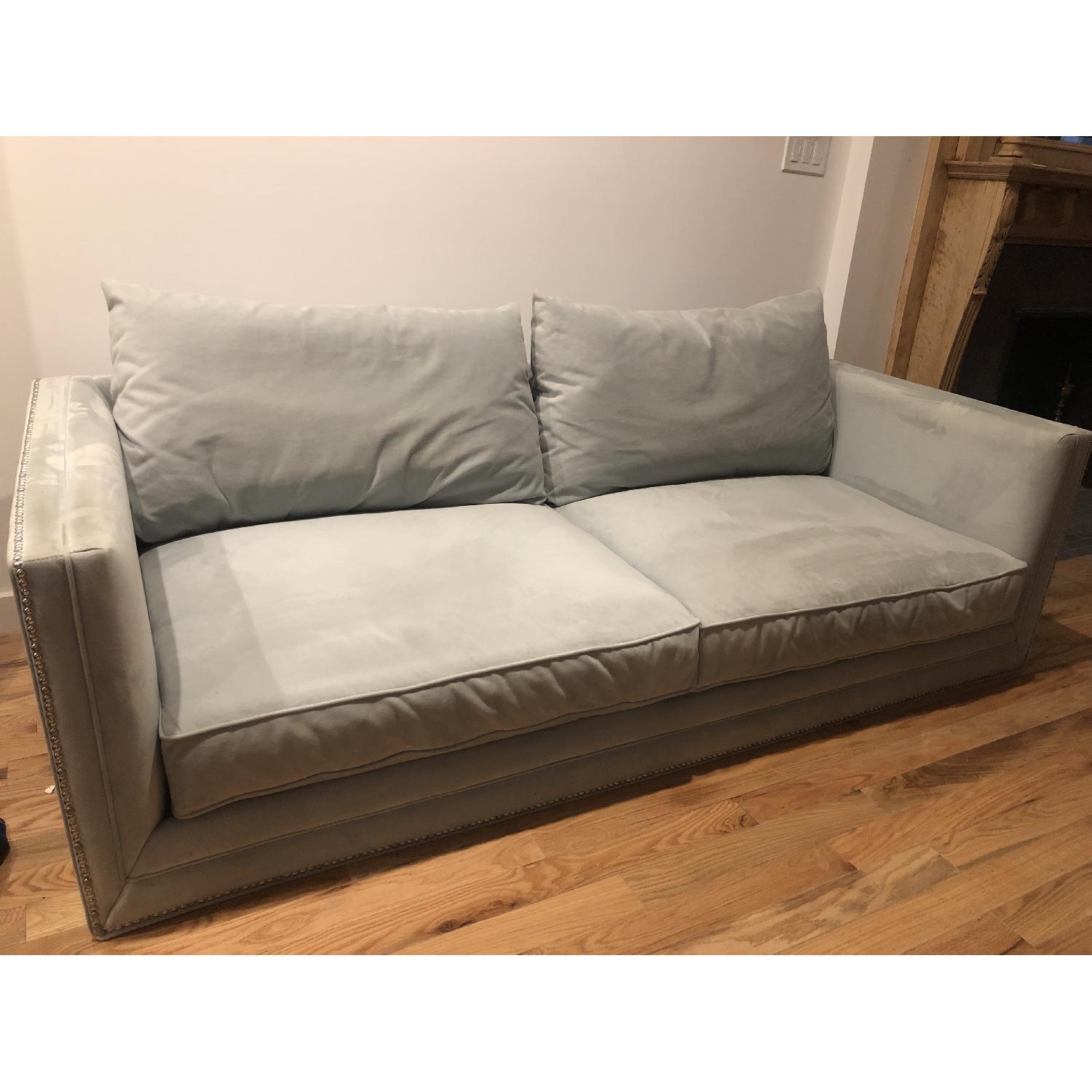 Macy's Velvet Pale Blue Sofa w/ Rivets - image-4
