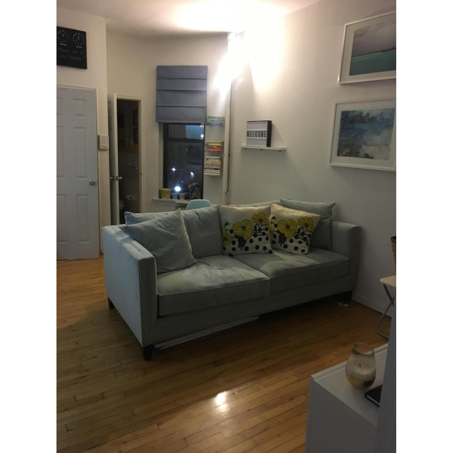 Macy's Velvet Pale Blue Sofa w/ Rivets - image-6