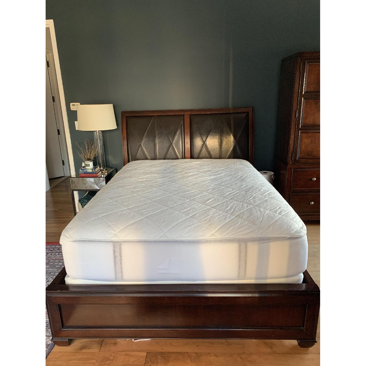 Raymour & Flanigan Wood Bed w/ Leather Headboard - image-1