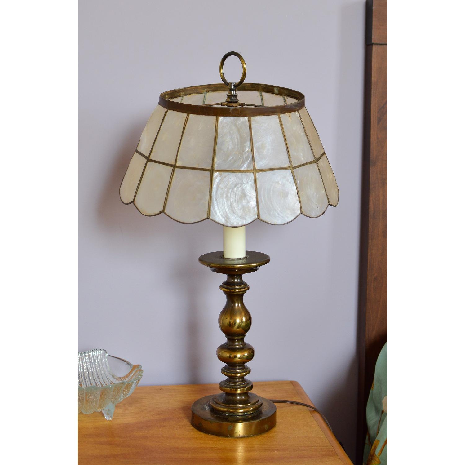 Vintage Brass Lamp w/ Capiz Shell Lampshade - image-1