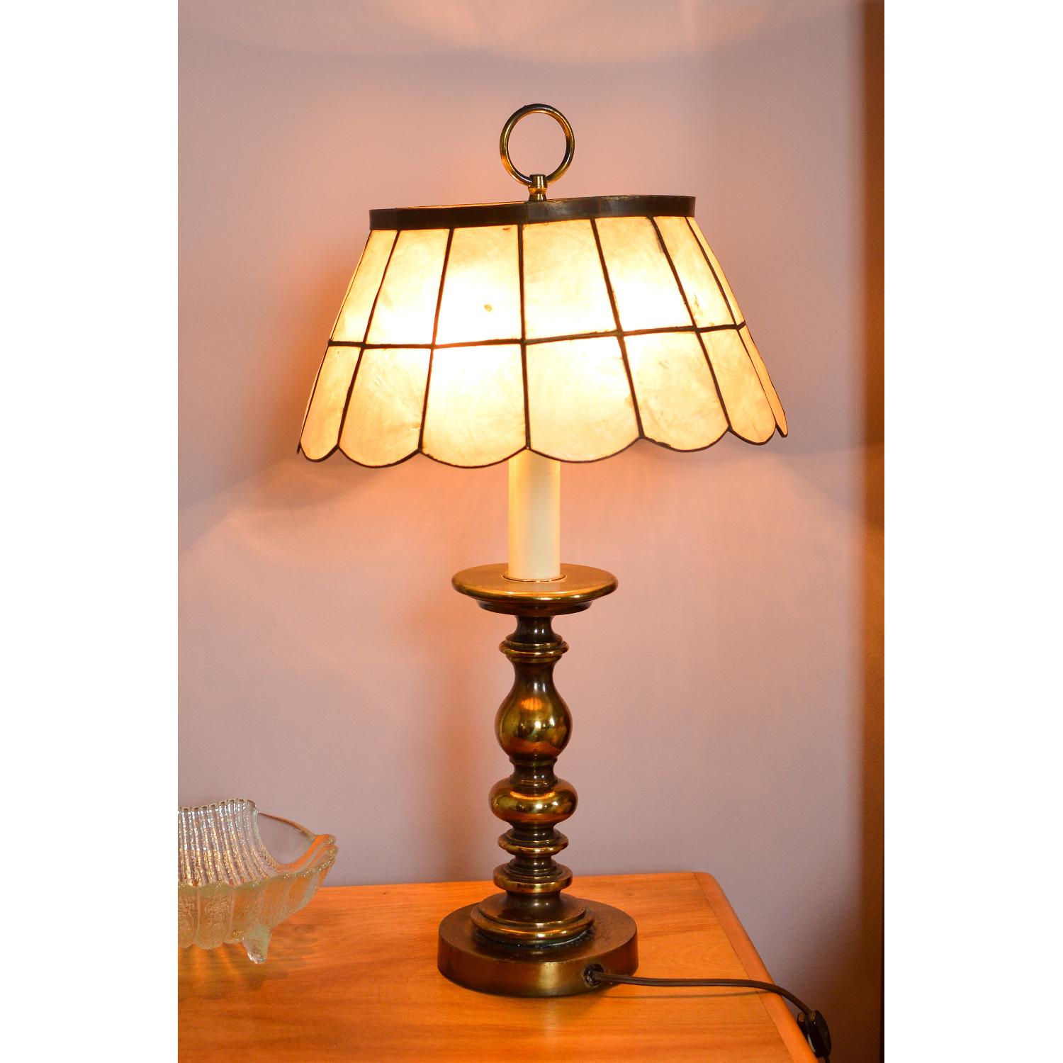 Vintage Brass Lamp w/ Capiz Shell Lampshade - image-0