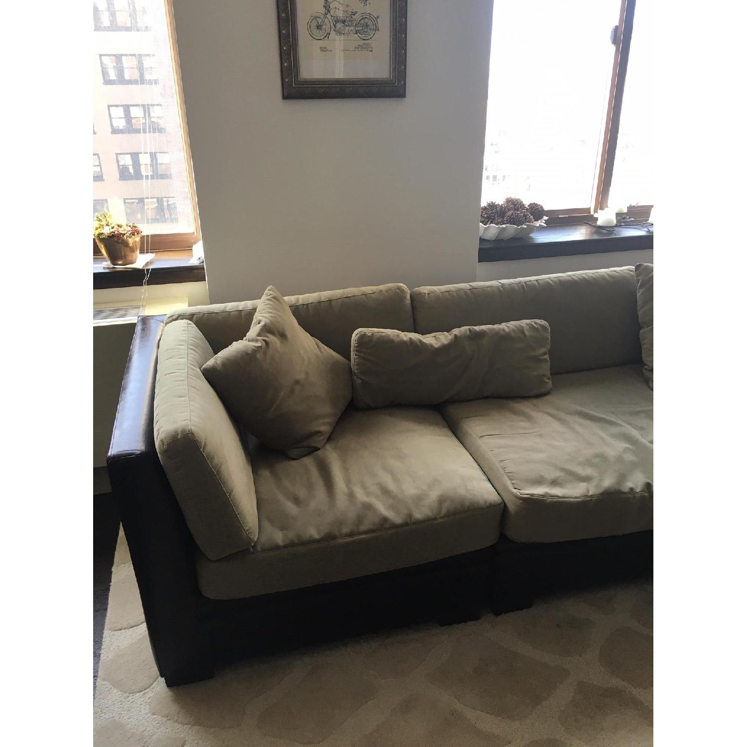 Macy S Brown Leather Light Green Faux Suede Sectional Sofa Aptdeco