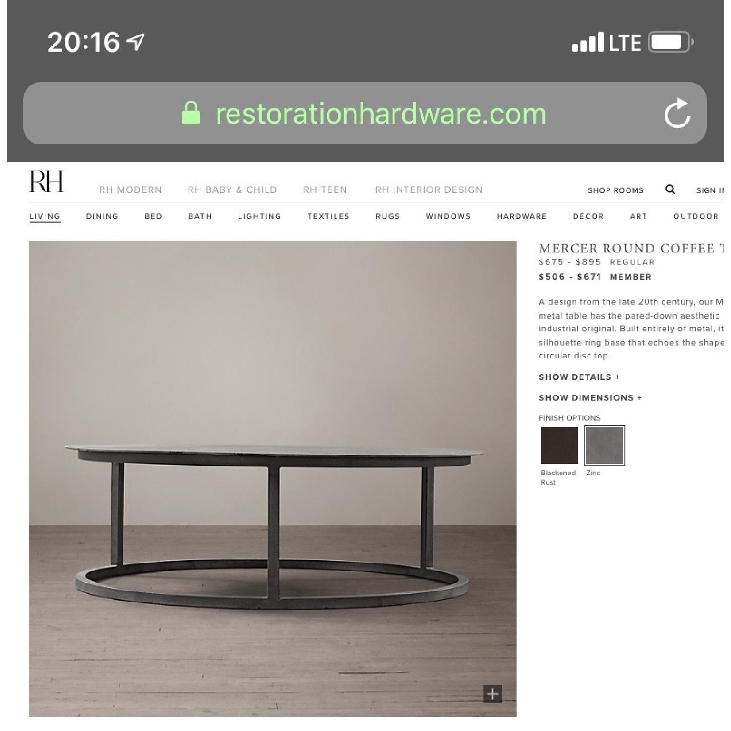 Restoration Hardware Mercer Round Coffee Table in Zinc - image-1