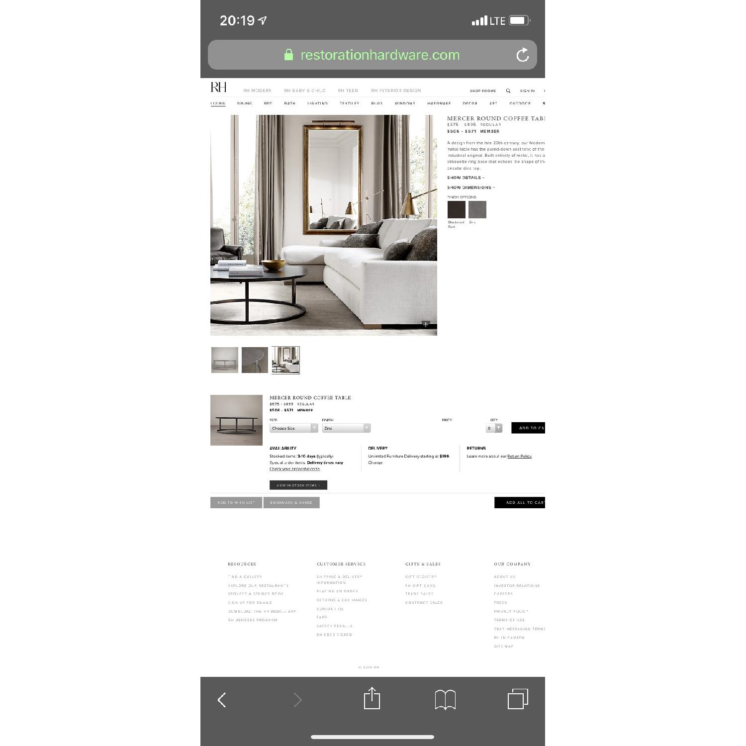 Restoration Hardware Mercer Round Coffee Table in Zinc - image-3