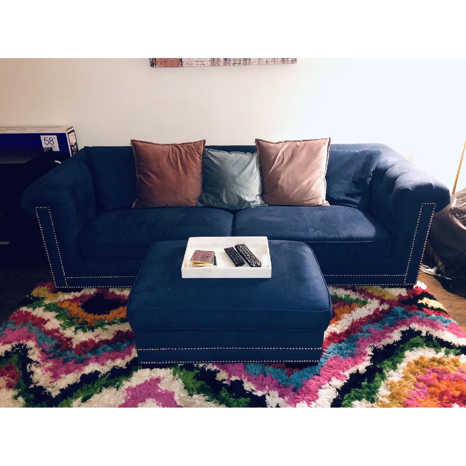 Macy's Blue Suede Tufted Sofa & Ottoman w/ Silver Studs - image-1