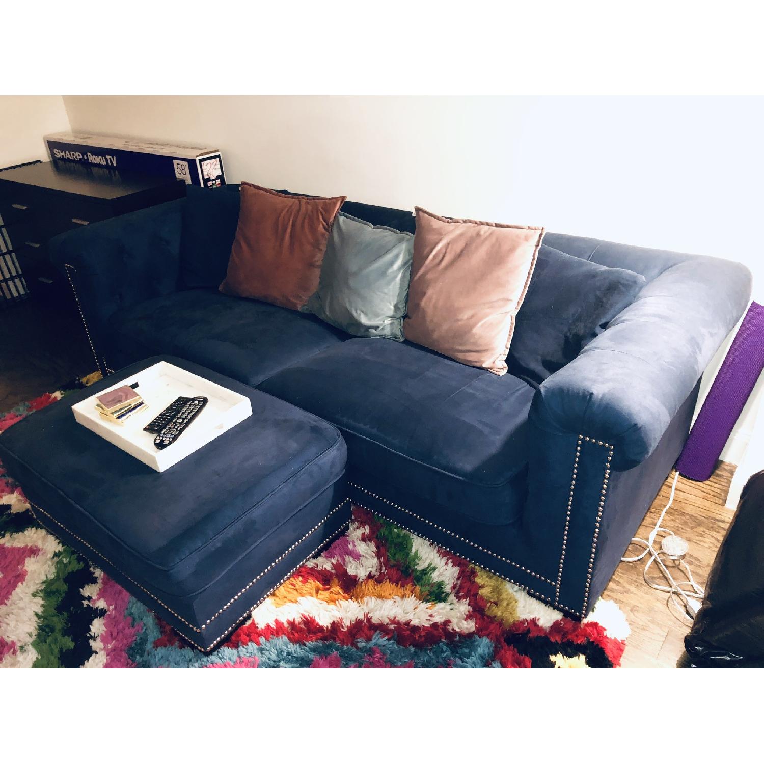 Macy's Blue Suede Tufted Sofa & Ottoman w/ Silver Studs - image-2