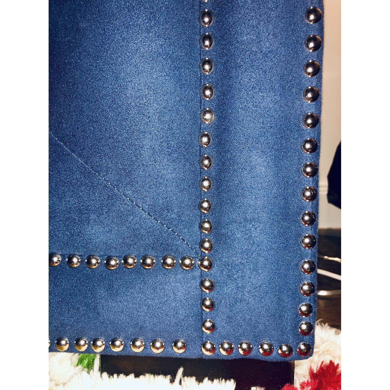 Macy's Blue Suede Tufted Sofa & Ottoman w/ Silver Studs - image-3
