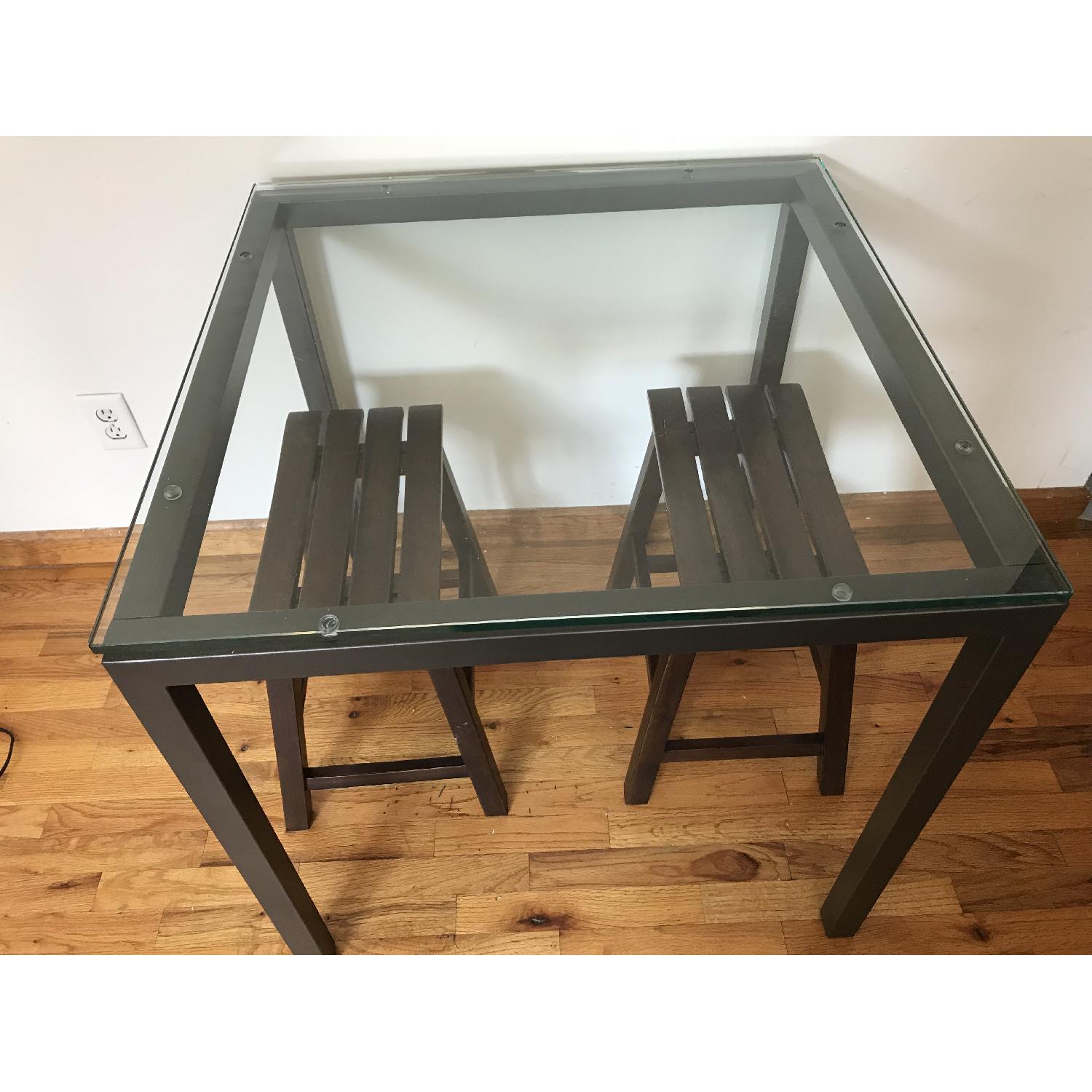 Square Glass Top Dining Table w/ 2 Stools - image-1