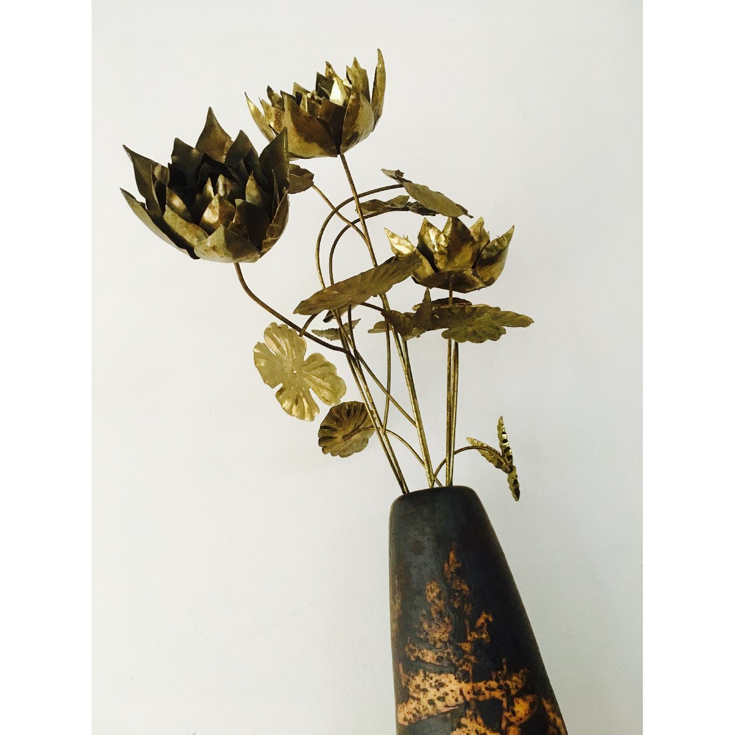 70's Brutalist Brass Flowers & Vase - image-3