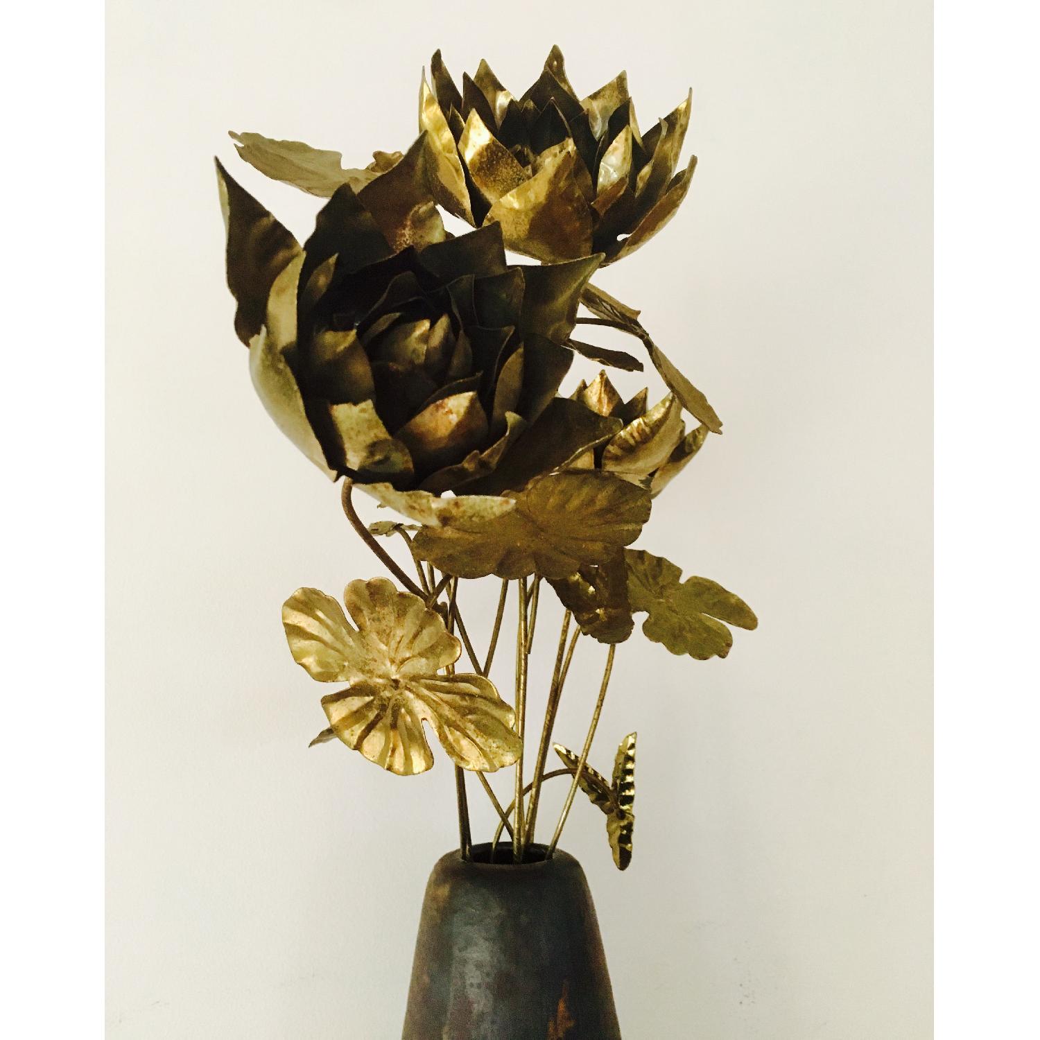 70's Brutalist Brass Flowers & Vase - image-4