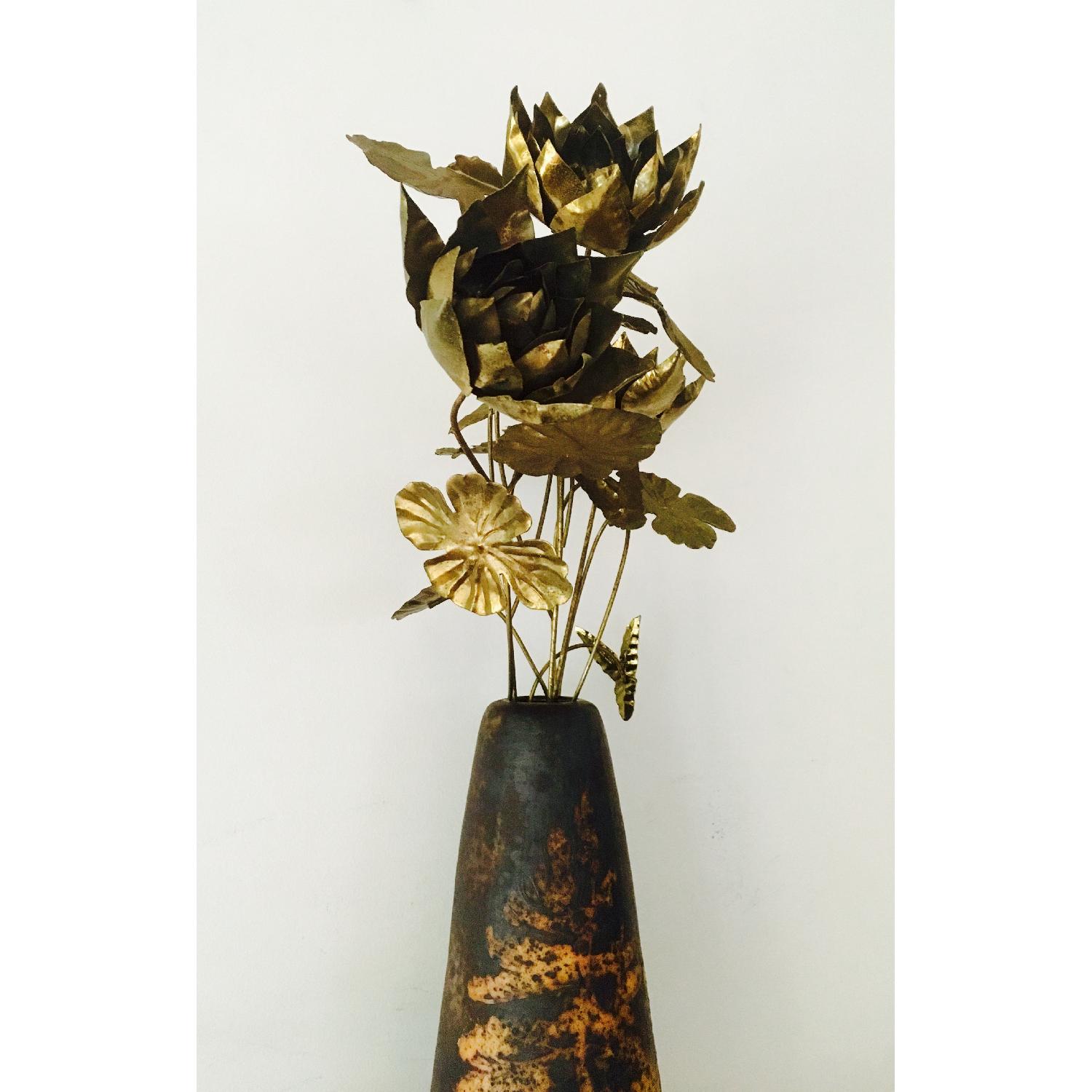 70's Brutalist Brass Flowers & Vase - image-5