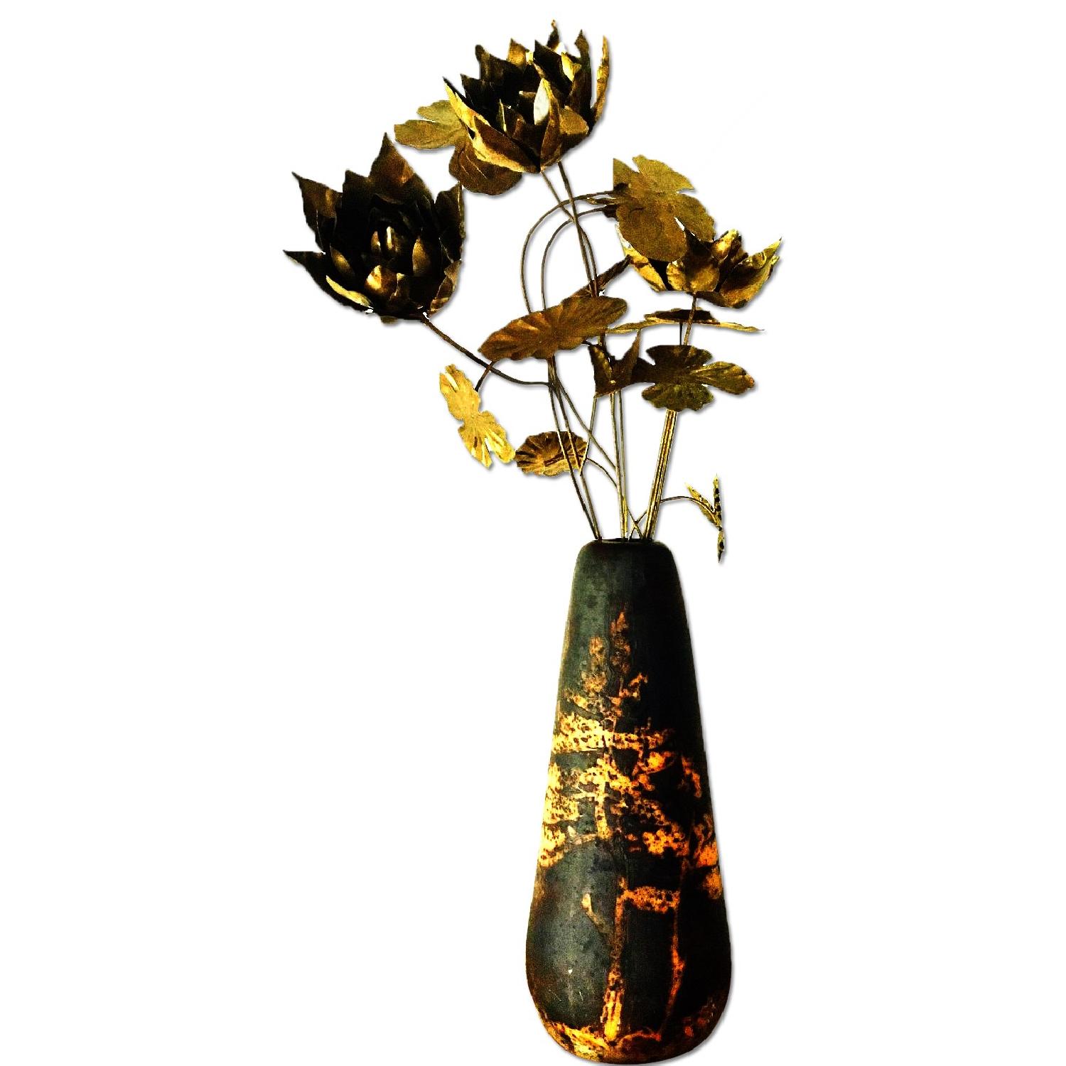 70's Brutalist Brass Flowers & Vase - image-0