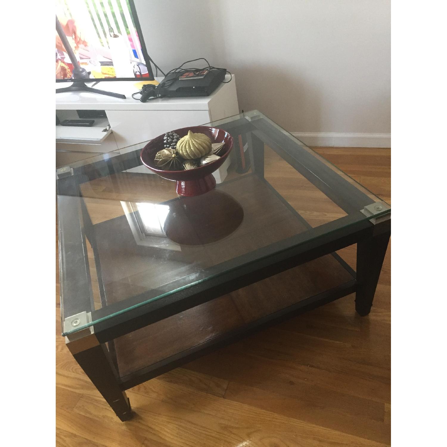 Raymour & Flanigan Large Square Glass & Wood Coffee Table AptDeco