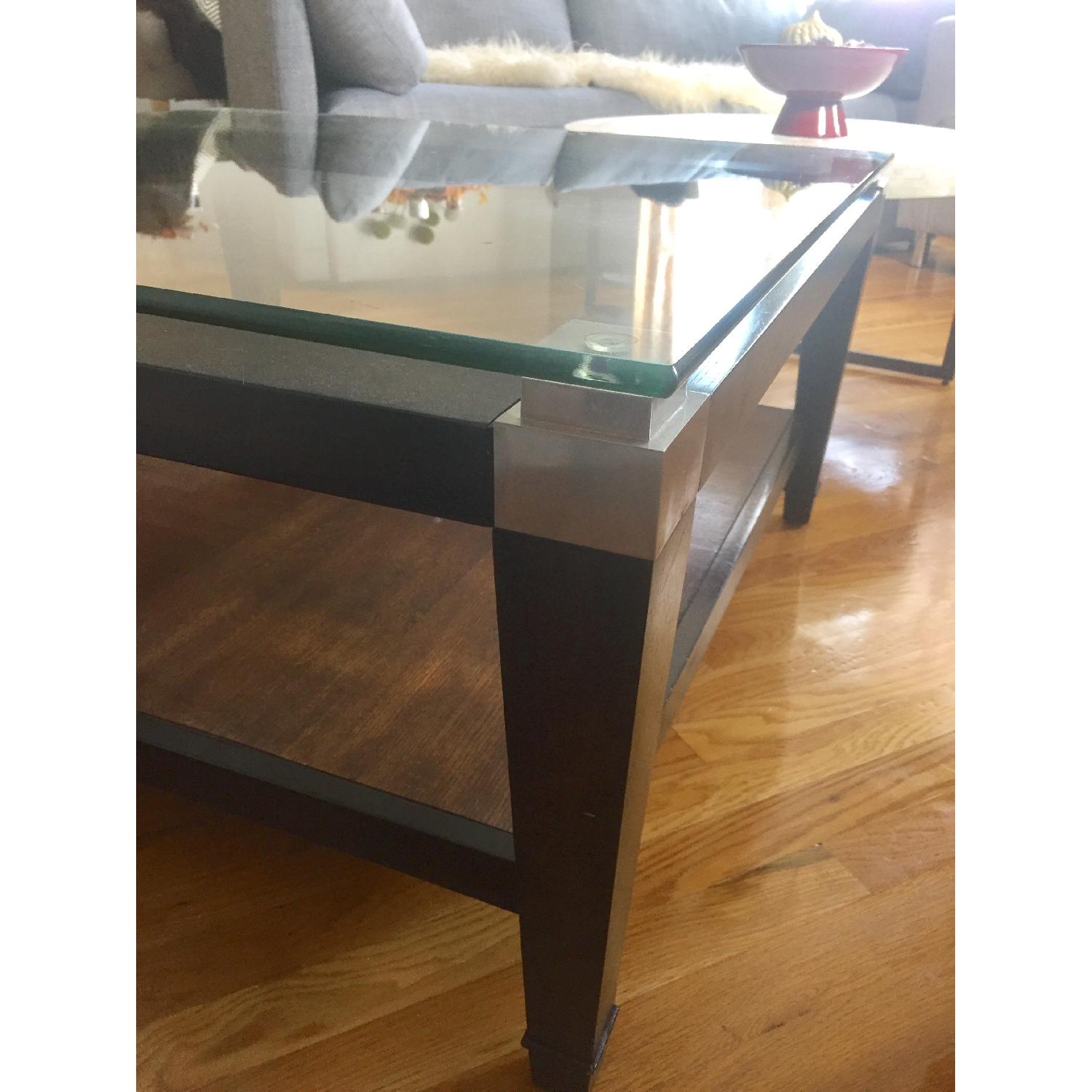 Raymour & Flanigan Large Square Glass & Wood Coffee Table AptDeco
