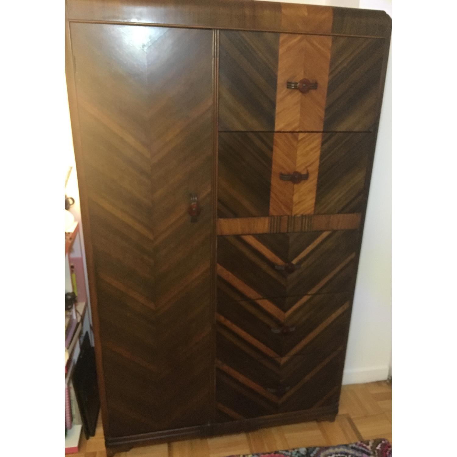 Vintage Art Deco Waterfall Inlay Wardrobe w/ Bakelite handles - image-1