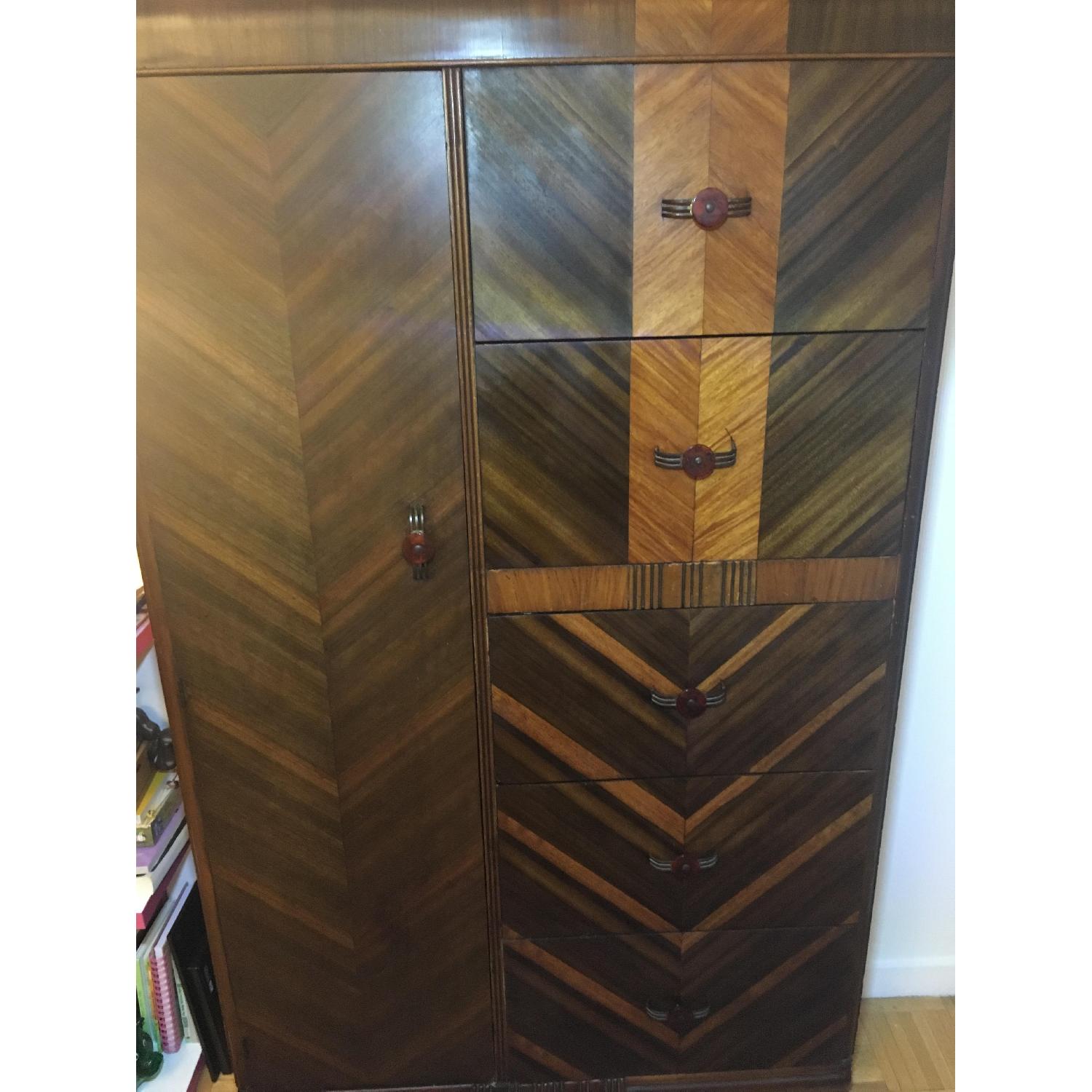 Vintage Art Deco Waterfall Inlay Wardrobe w/ Bakelite handles - image-8
