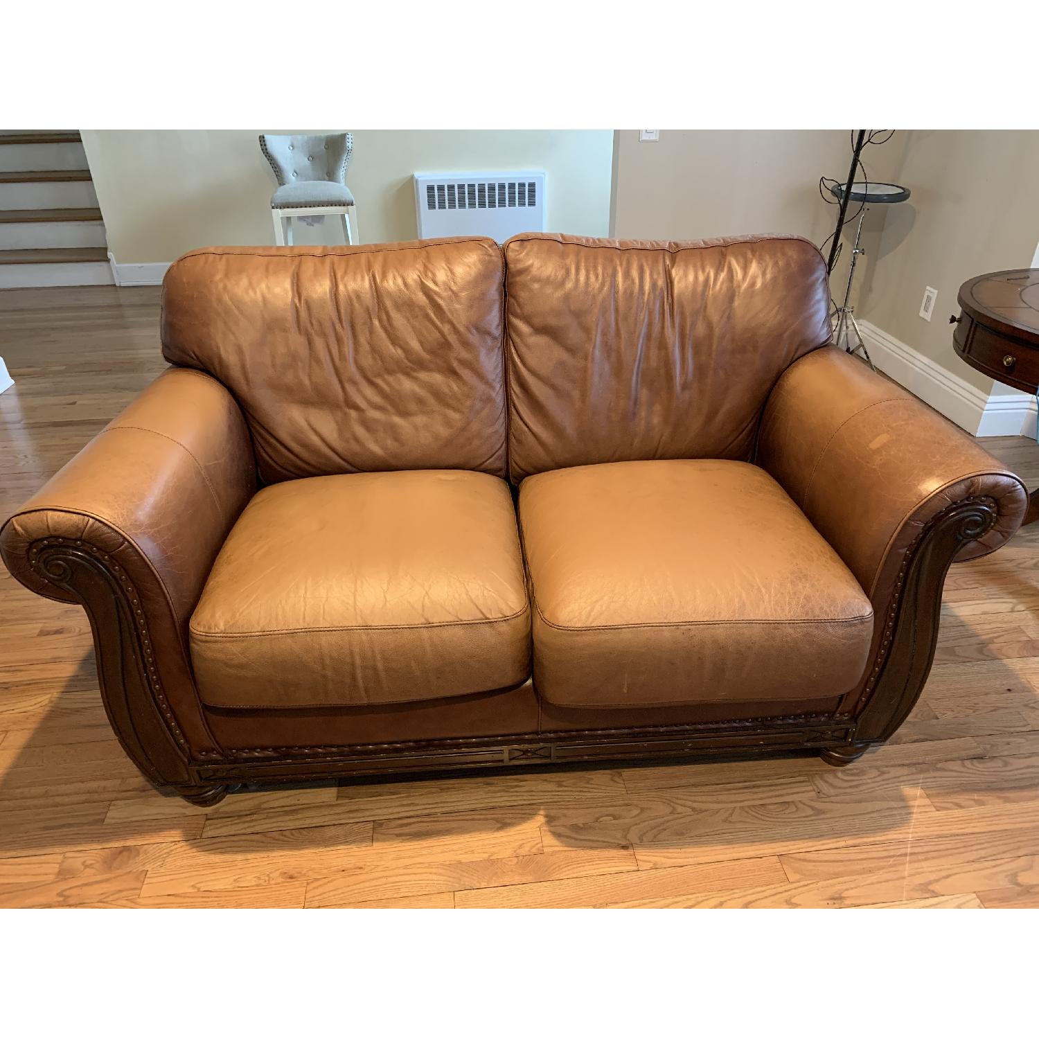 Macy's Chestnut Leather Loveseat - image-1