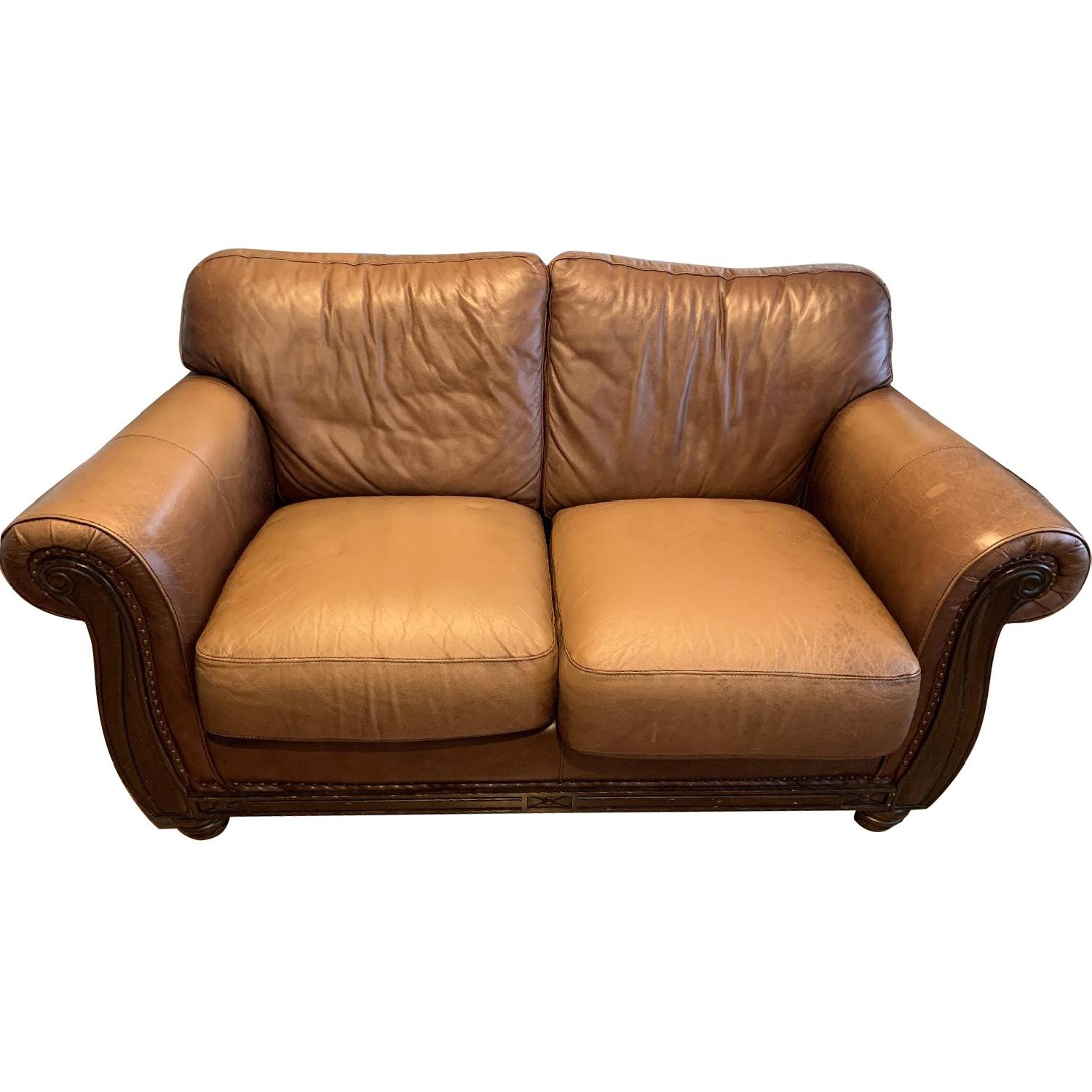Macy's Chestnut Leather Loveseat - image-0
