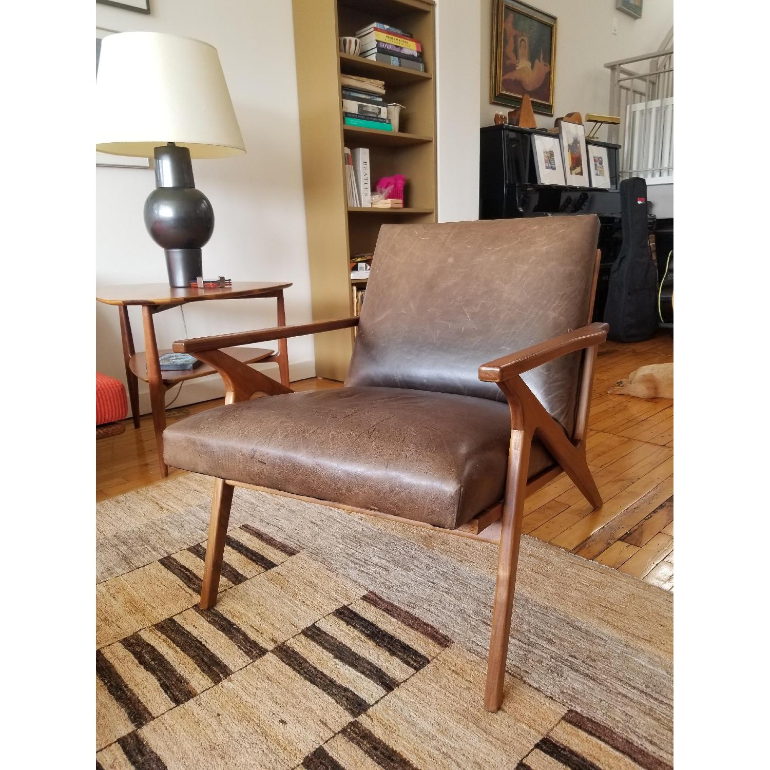 Crate & Barrel Cavett Leather Wood Frame Chair & Ottoman - image-4