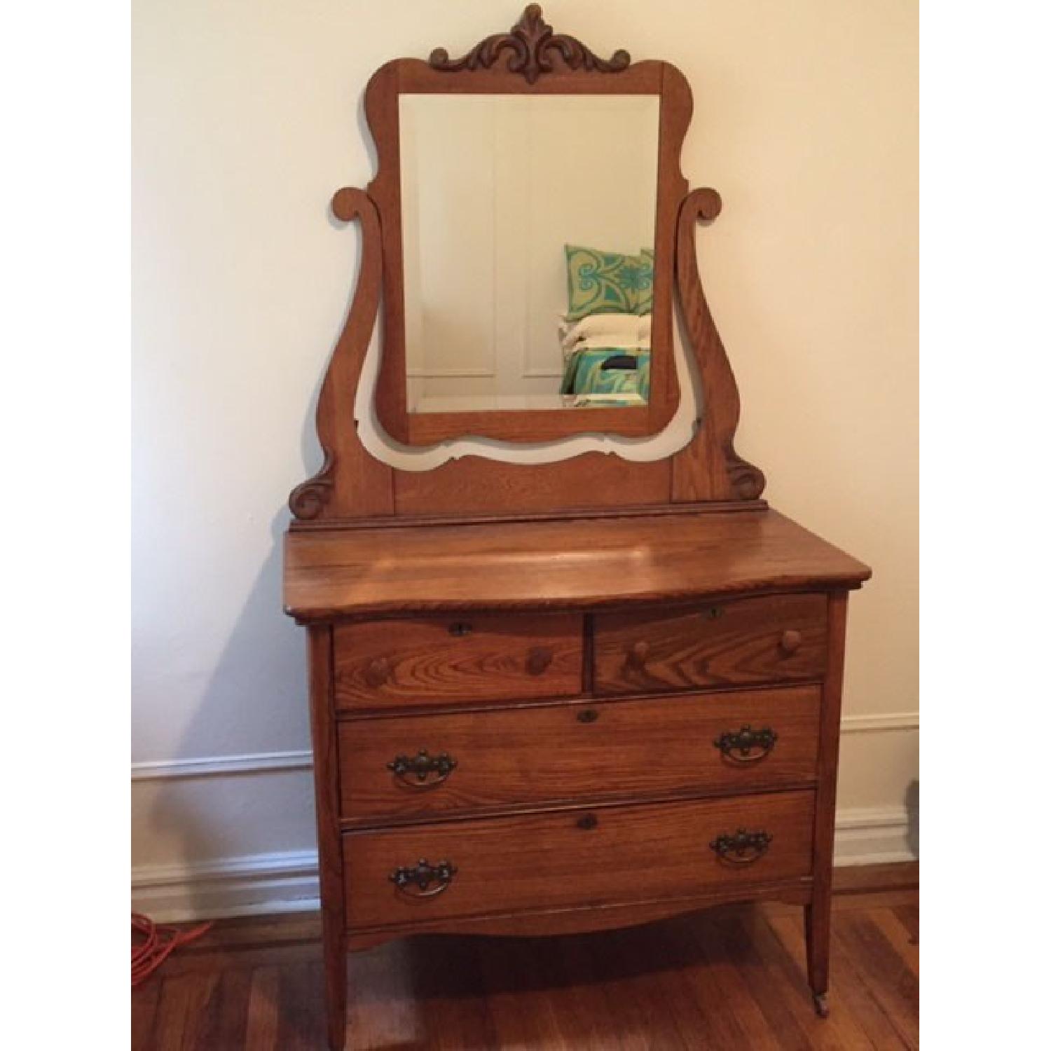1930's Solid Oak Dresser w/ Mirror - image-1