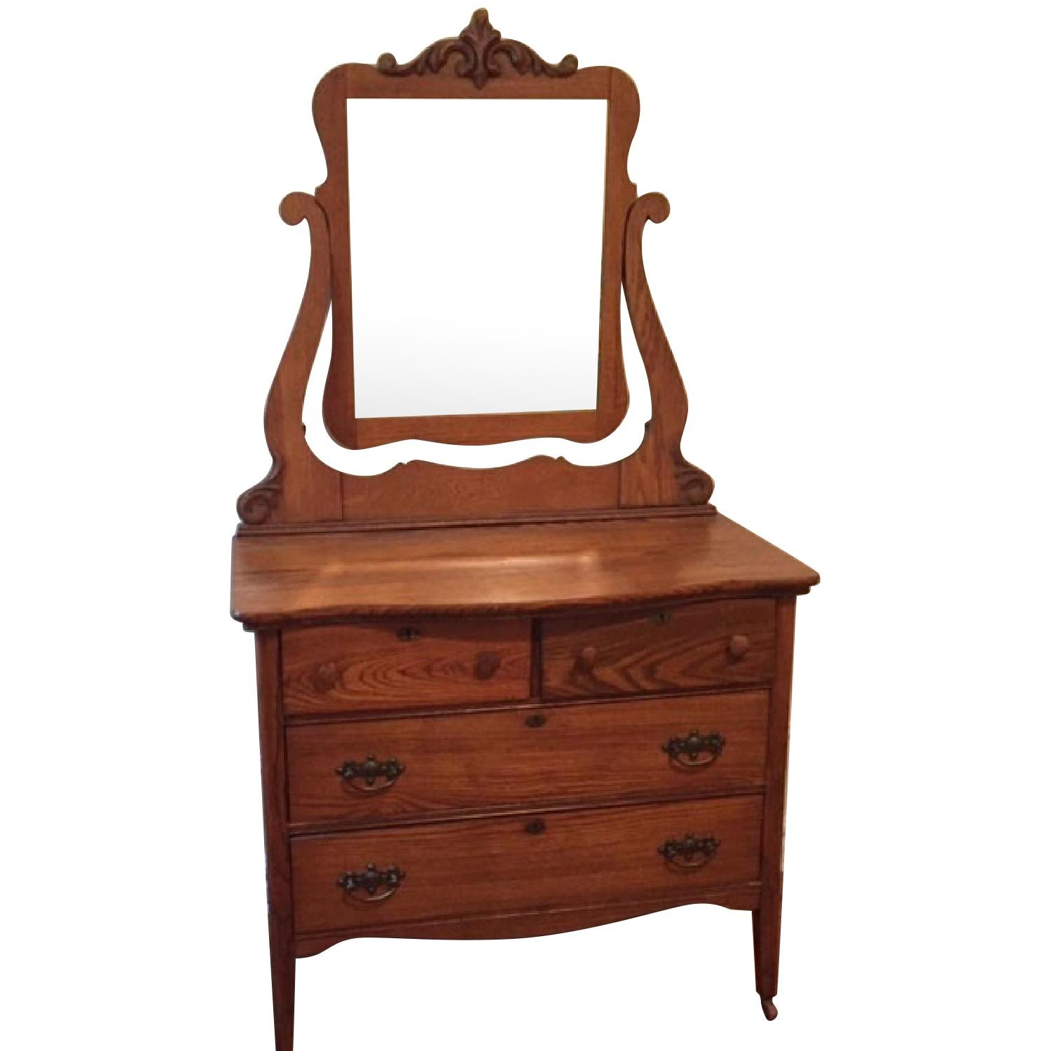 1930's Solid Oak Dresser w/ Mirror - image-0