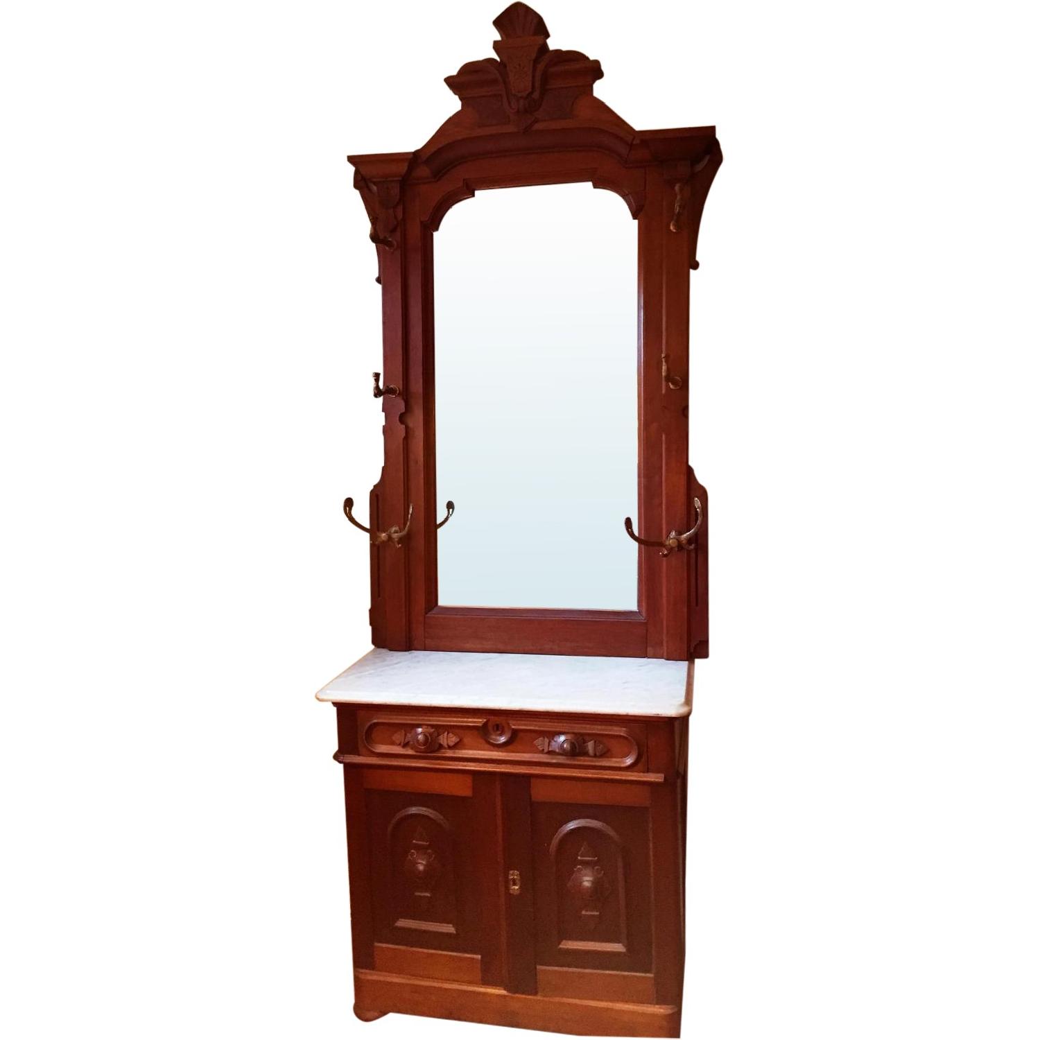 Antique Hall Tree w/ Mirror w/ Marble top - image-0