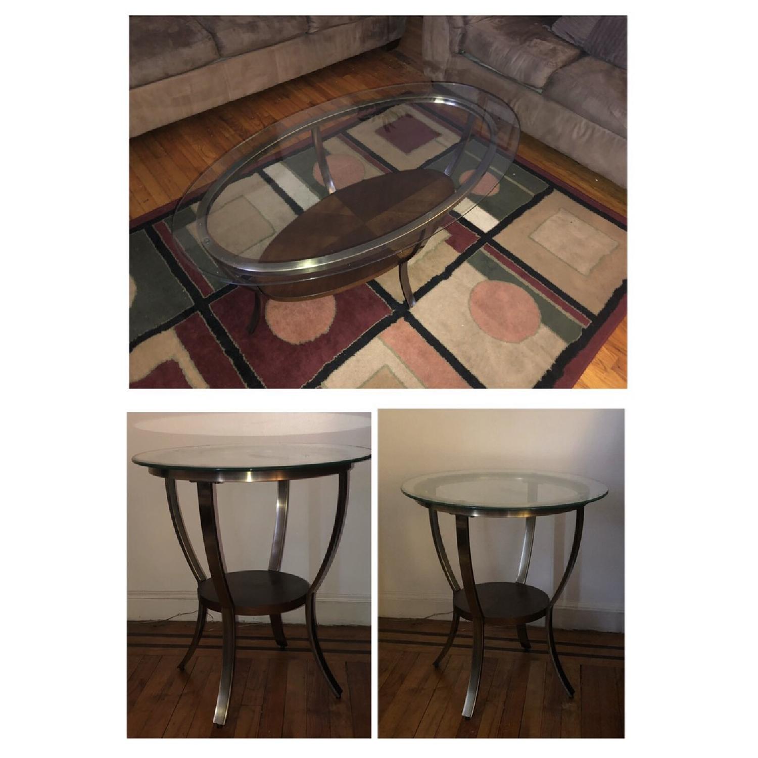 Glass Top Oval Shaped Coffee Table + 2 Side Tables AptDeco