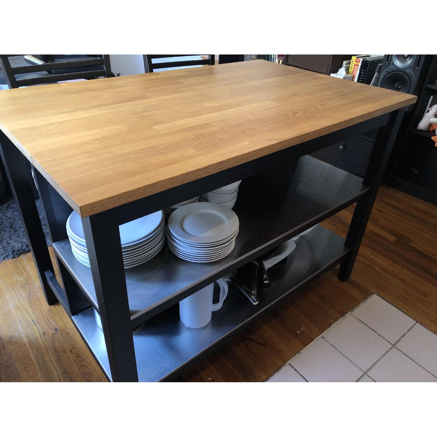 Ikea Black Oak Kitchen Island w/ 2 Stools - image-1
