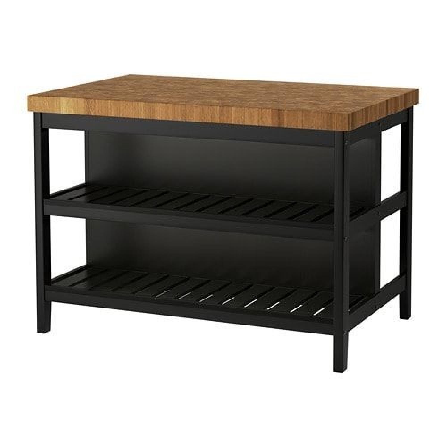 Ikea Black Oak Kitchen Island w/ 2 Stools - image-5