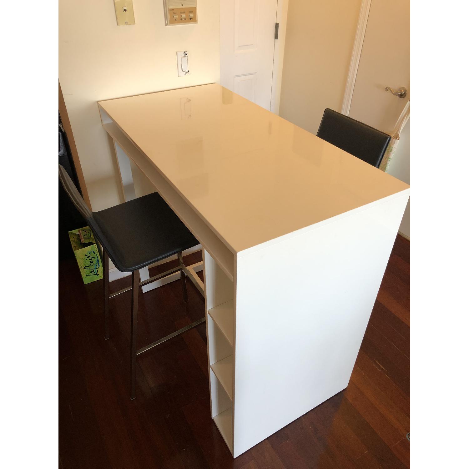 CB2 Public White High Dining Table w/ 2 Phoenix Bar Stools AptDeco