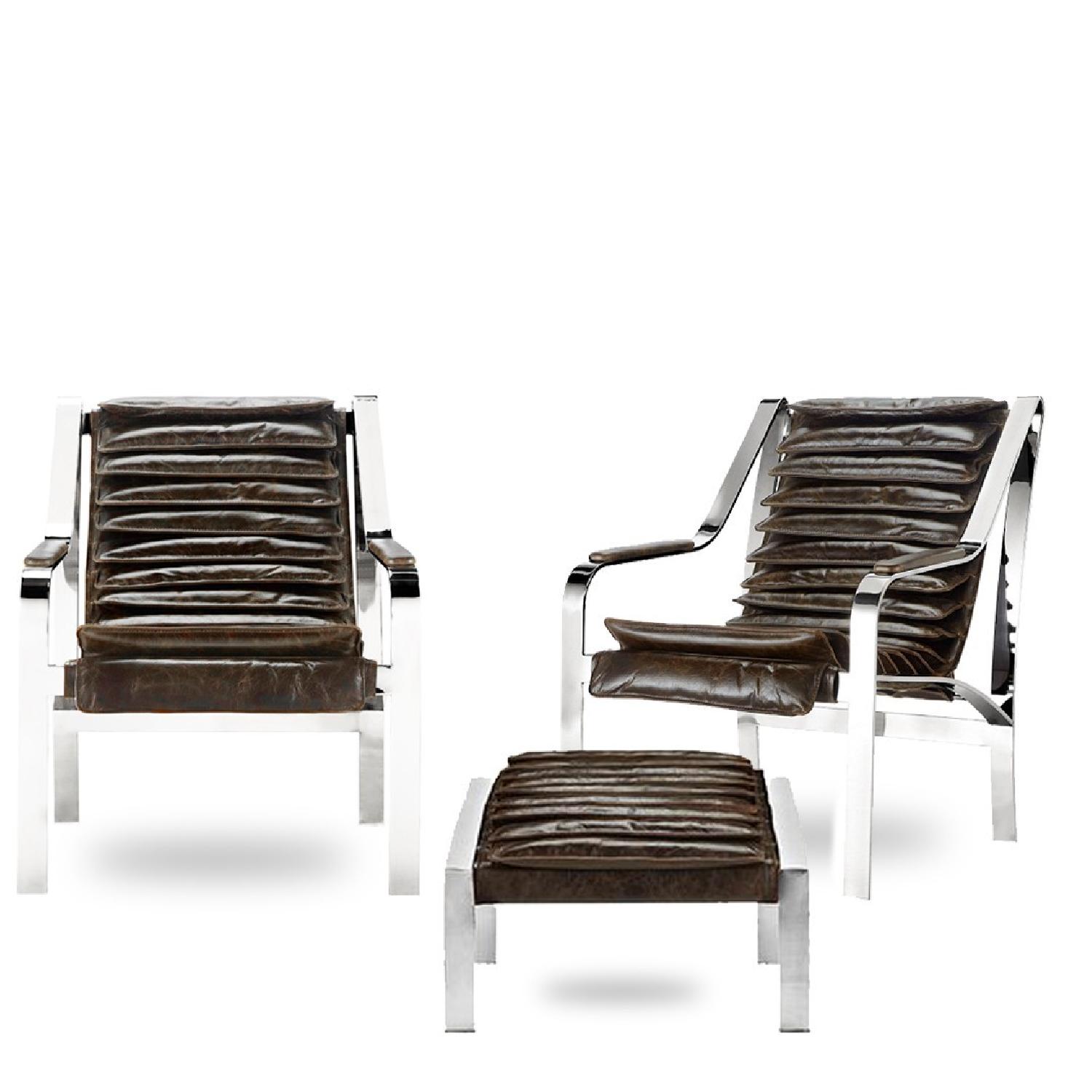 Arhaus Harlow Mid Century Chrome & Leather Arm Chairs w/ Matching Ottoman - image-4