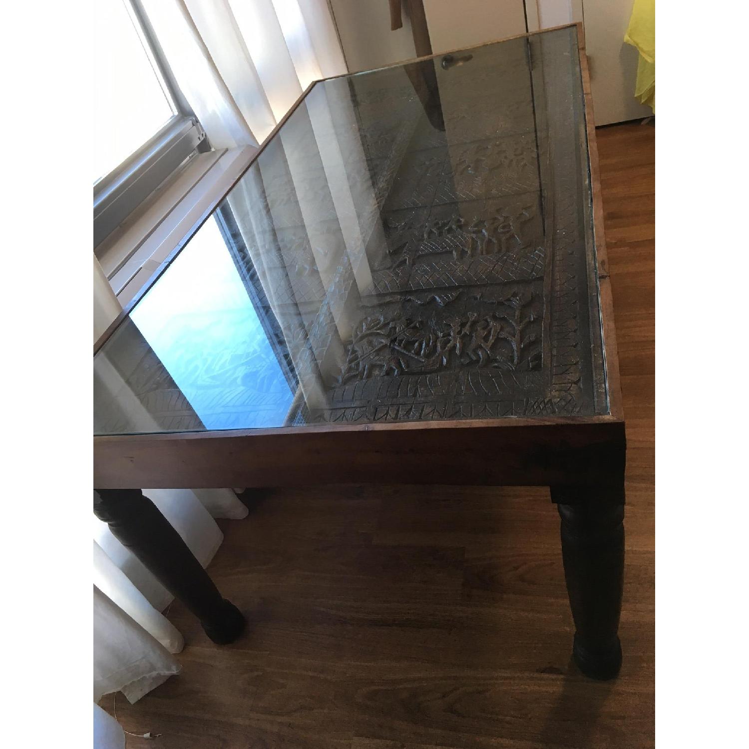Tribal Carved Wood Glass Top Dining Table - image-1