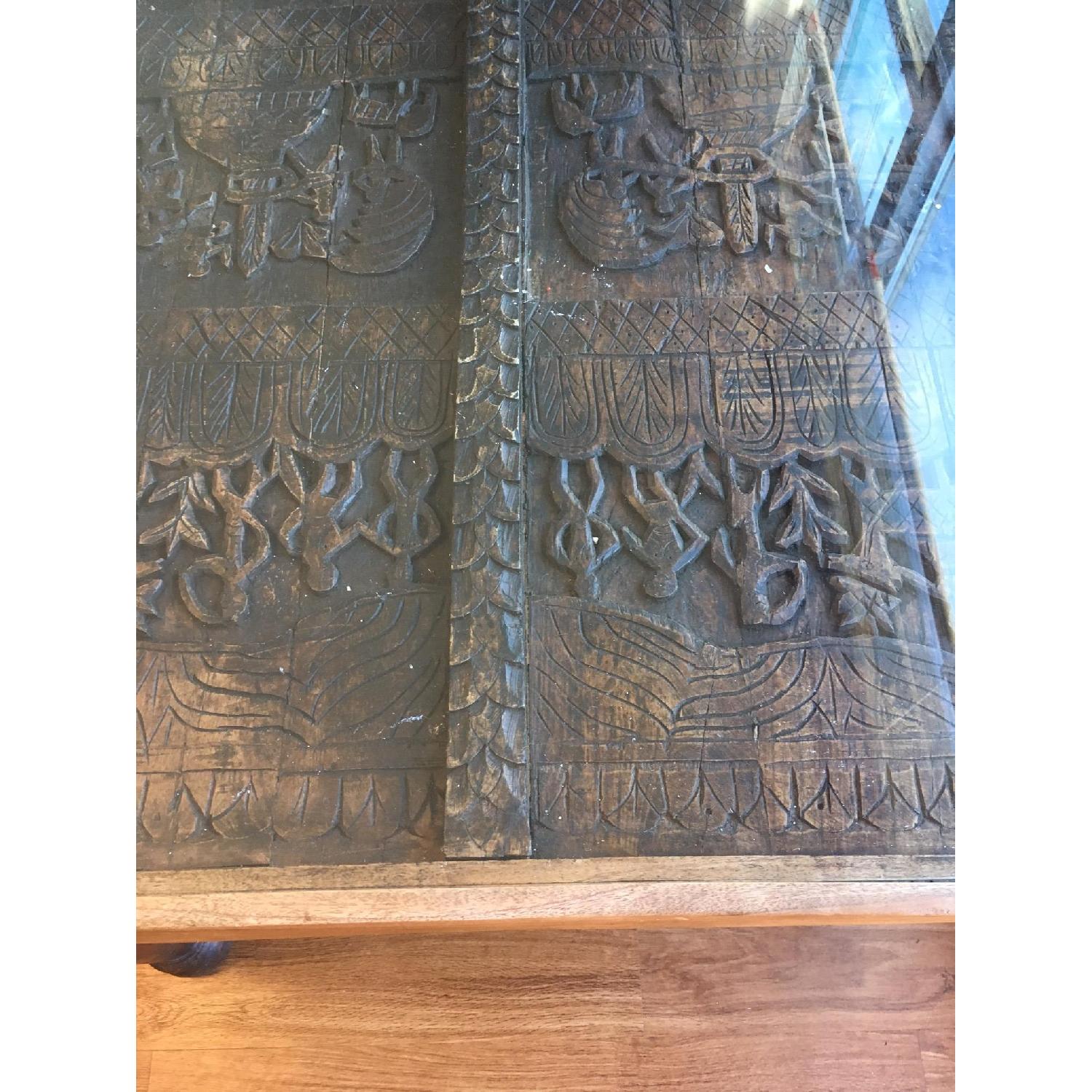 Tribal Carved Wood Glass Top Dining Table - image-5