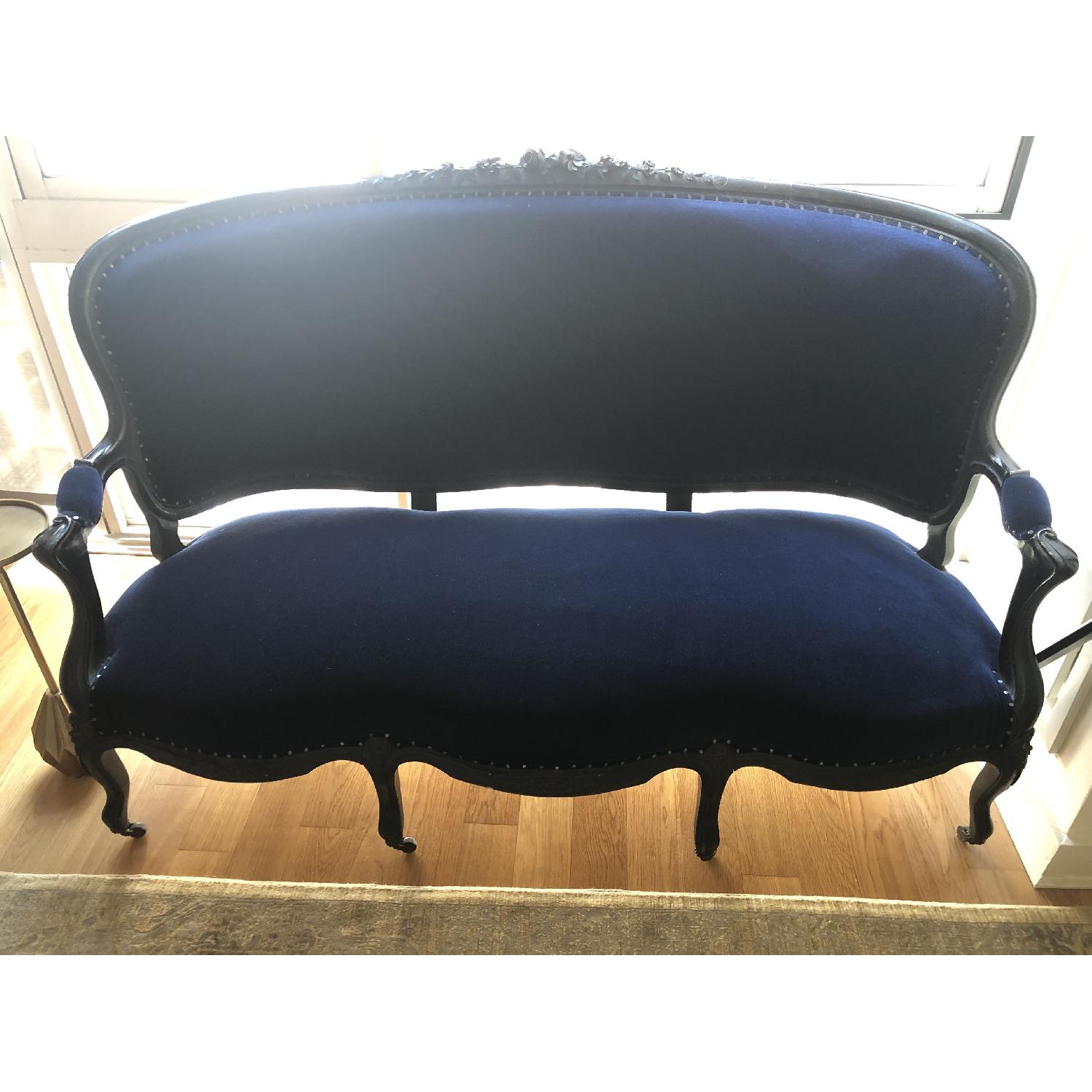 ABC Carpet and Home Antique Settee in Blue Velvet Fabric - image-1