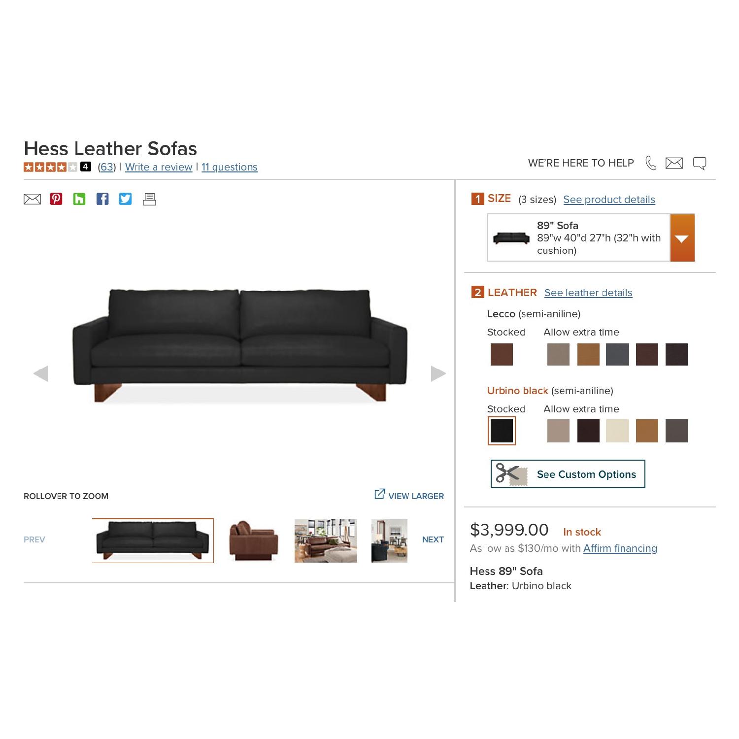 Room & Board Modern Black Down Leather Sofa - image-9