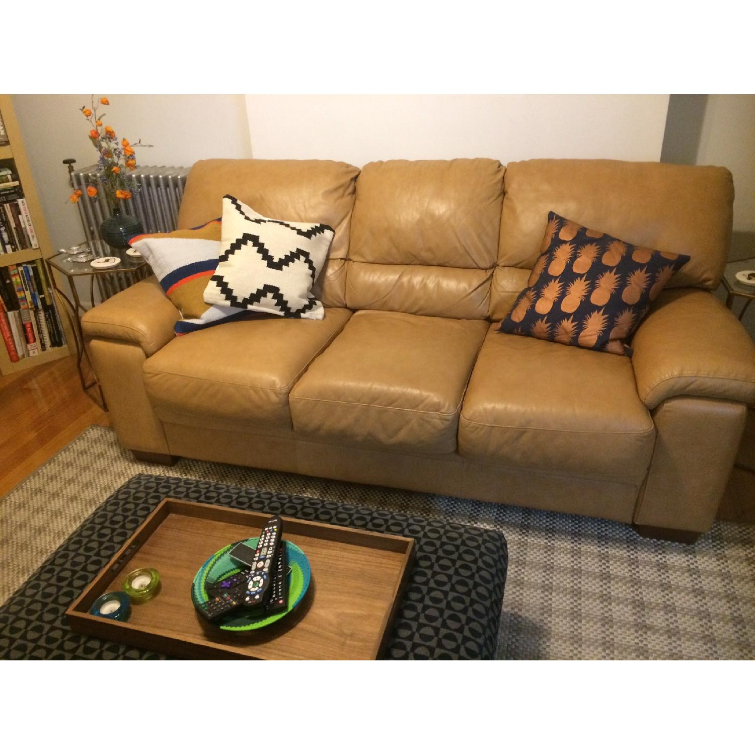 Raymour & Flanigan Camel Leather 3-Seater Sleeper Sofa - image-1